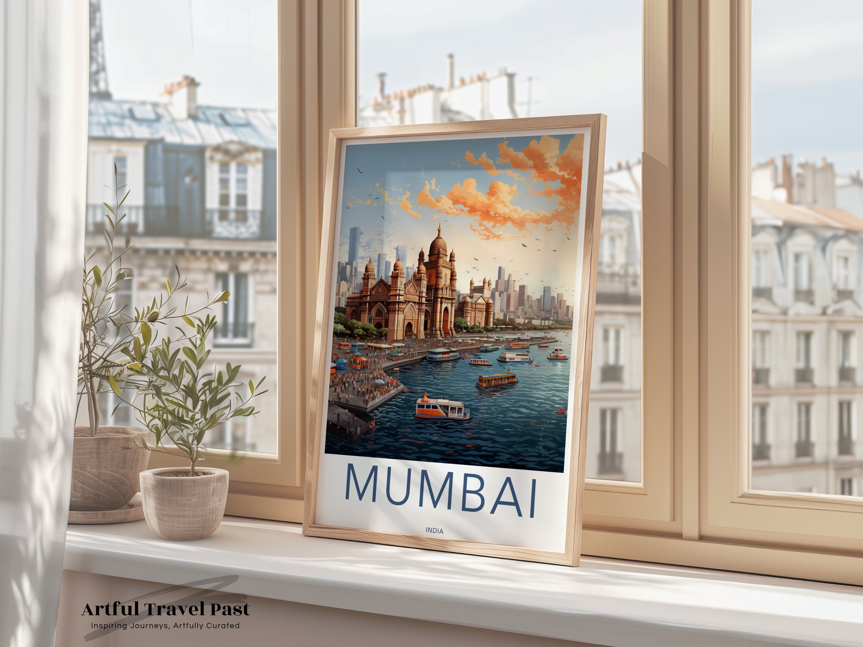 Mumbai India Cityscape Wall Art, Iconic Architecture Print, Vibrant Sunset Skyline, Detailed Harbor Scene, Urban Decor