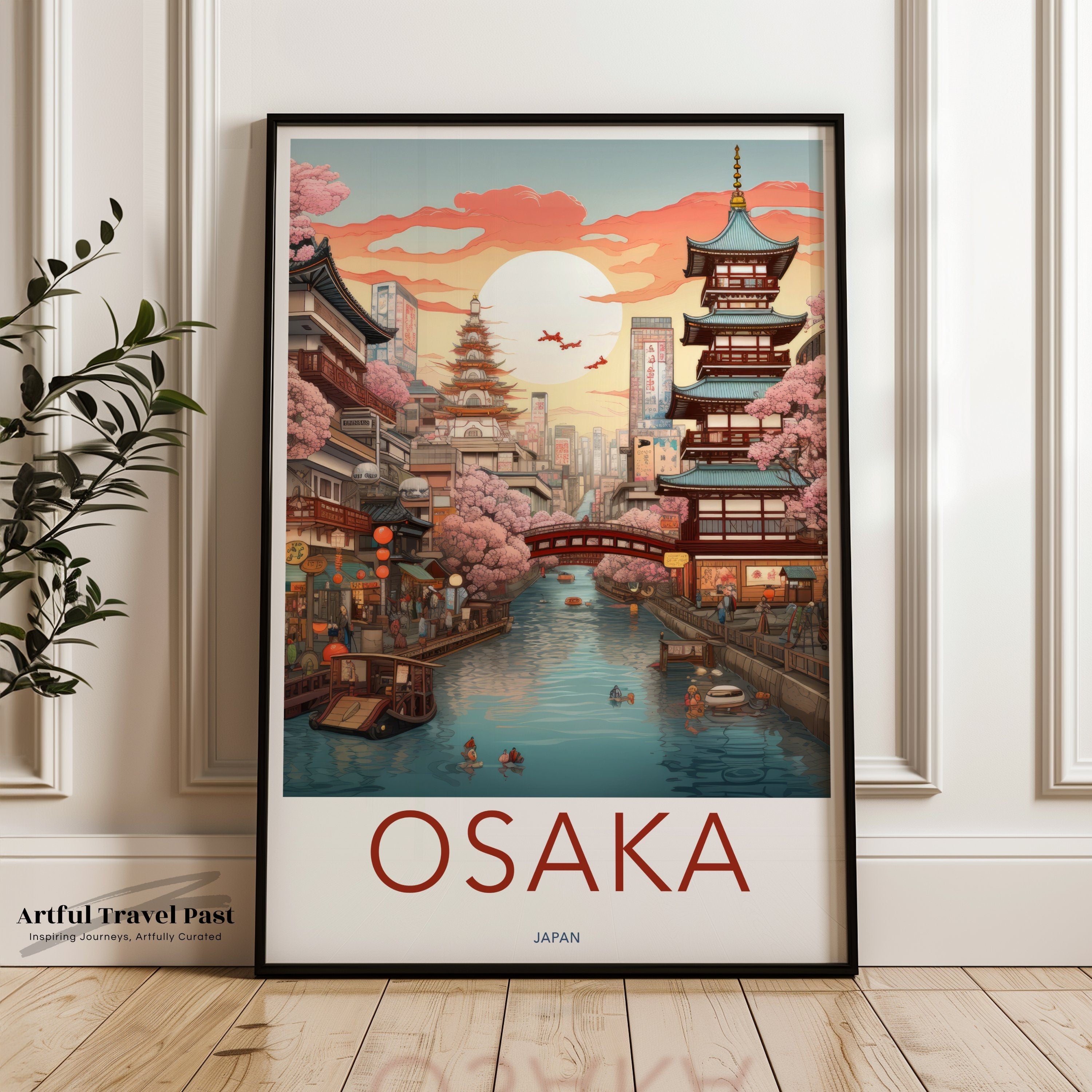 Osaka Cityscape Wall Art, Colorful Japanese Skyline Print, Traditional Architecture and Modern City Blend Poster, Cultural Landmarks Decor