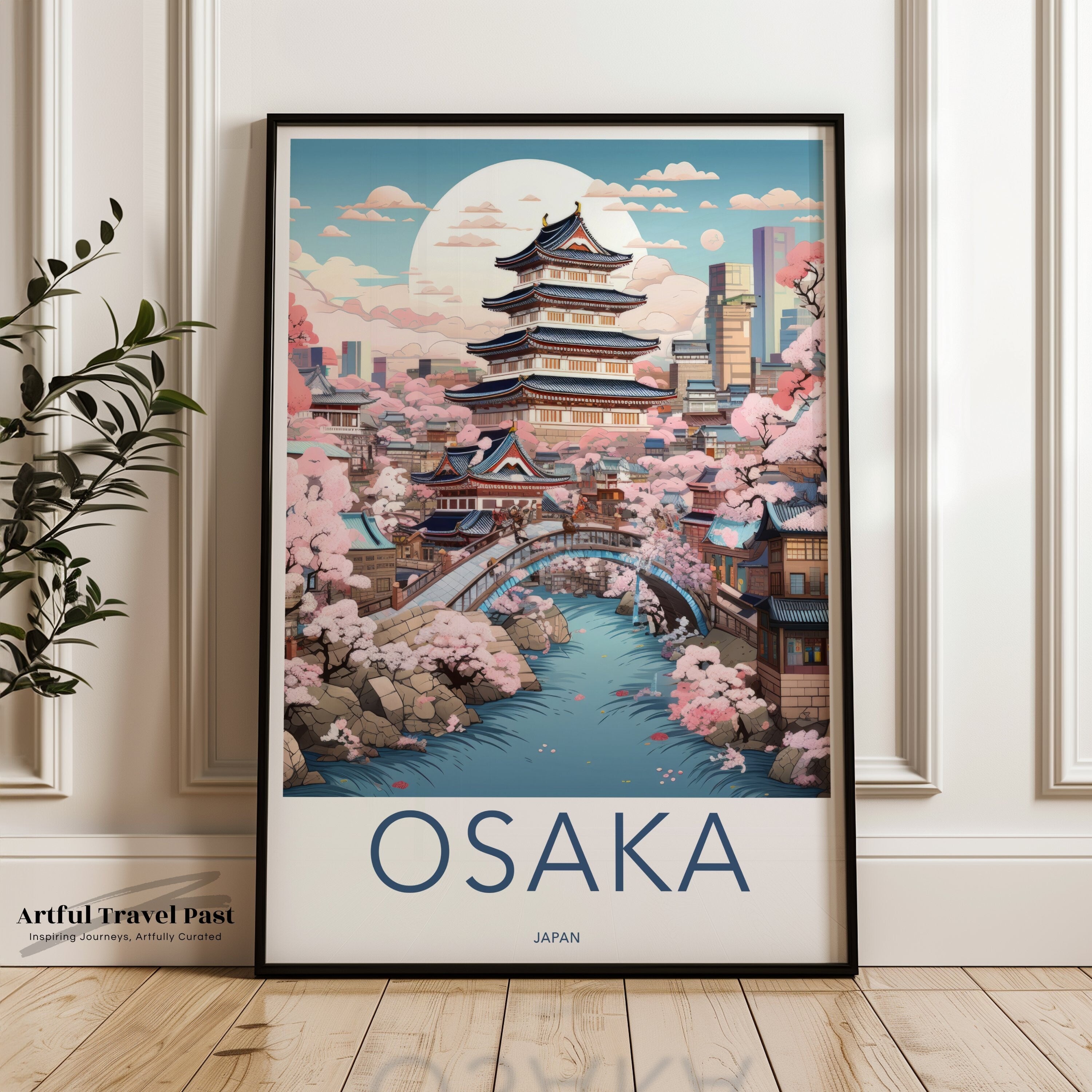 Beautiful Osaka Japan Wall Art, Cherry Blossoms Framed Poster, Japanese Pagoda Decor, Vibrant Urban Landscape Print