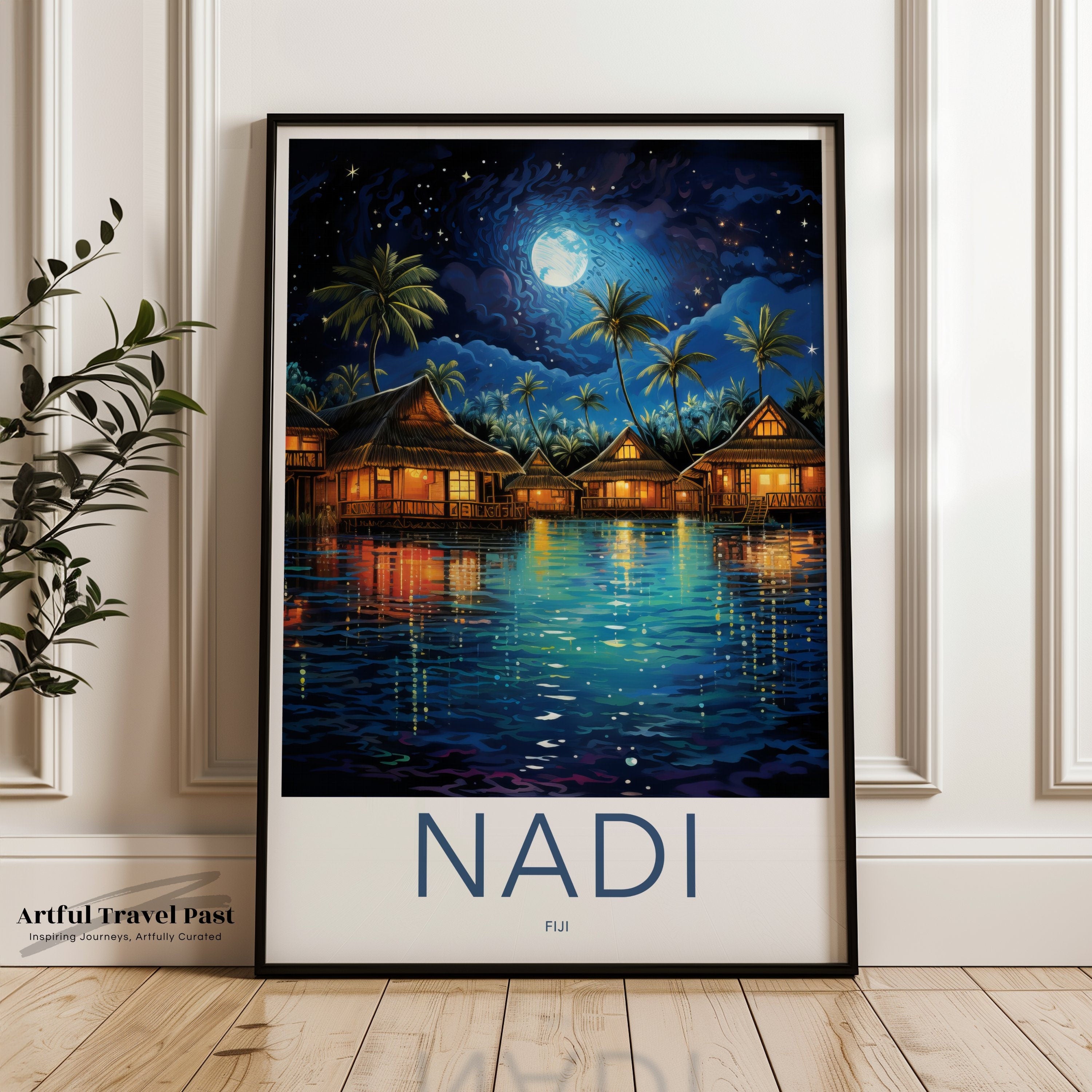 Fiji Wall Art, Nadi Night Scene with Moon, Tropical Paradise Coastal Decor, Exotic Island Landscape, Polynesian Art Print