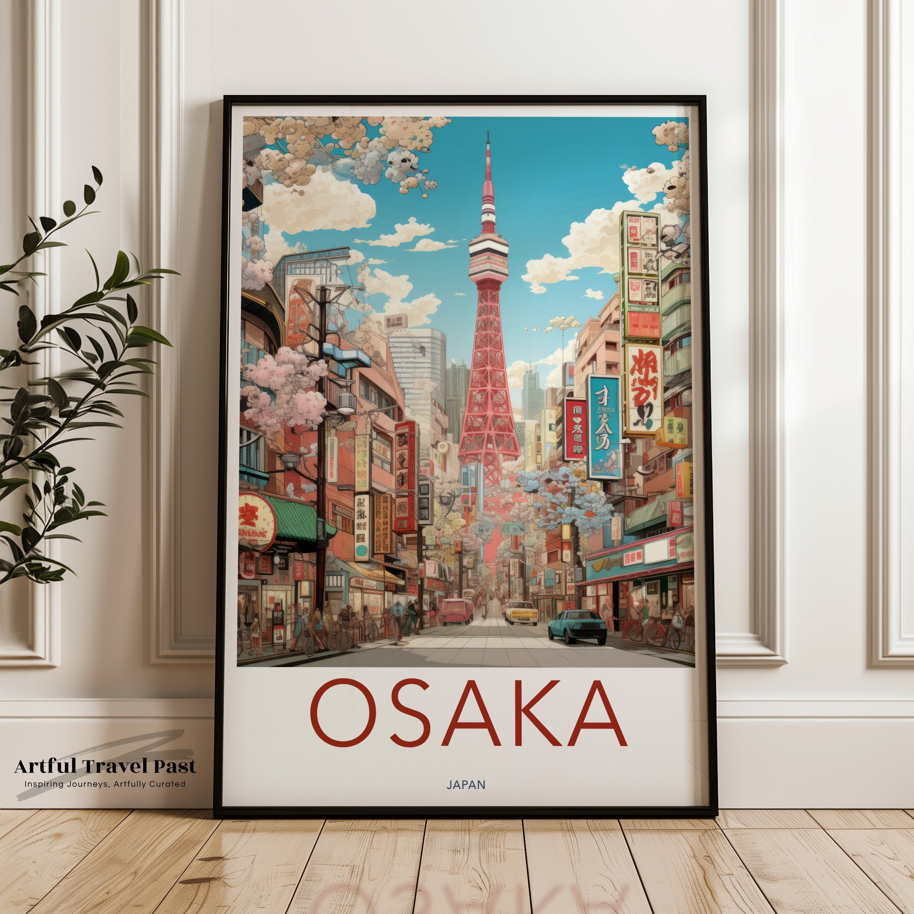 Osaka Cityscape Wall Art, Japanese Architecture Print, Vibrant Urban Decor, Cherry Blossoms, Modern Skyline, Historical Landmarks