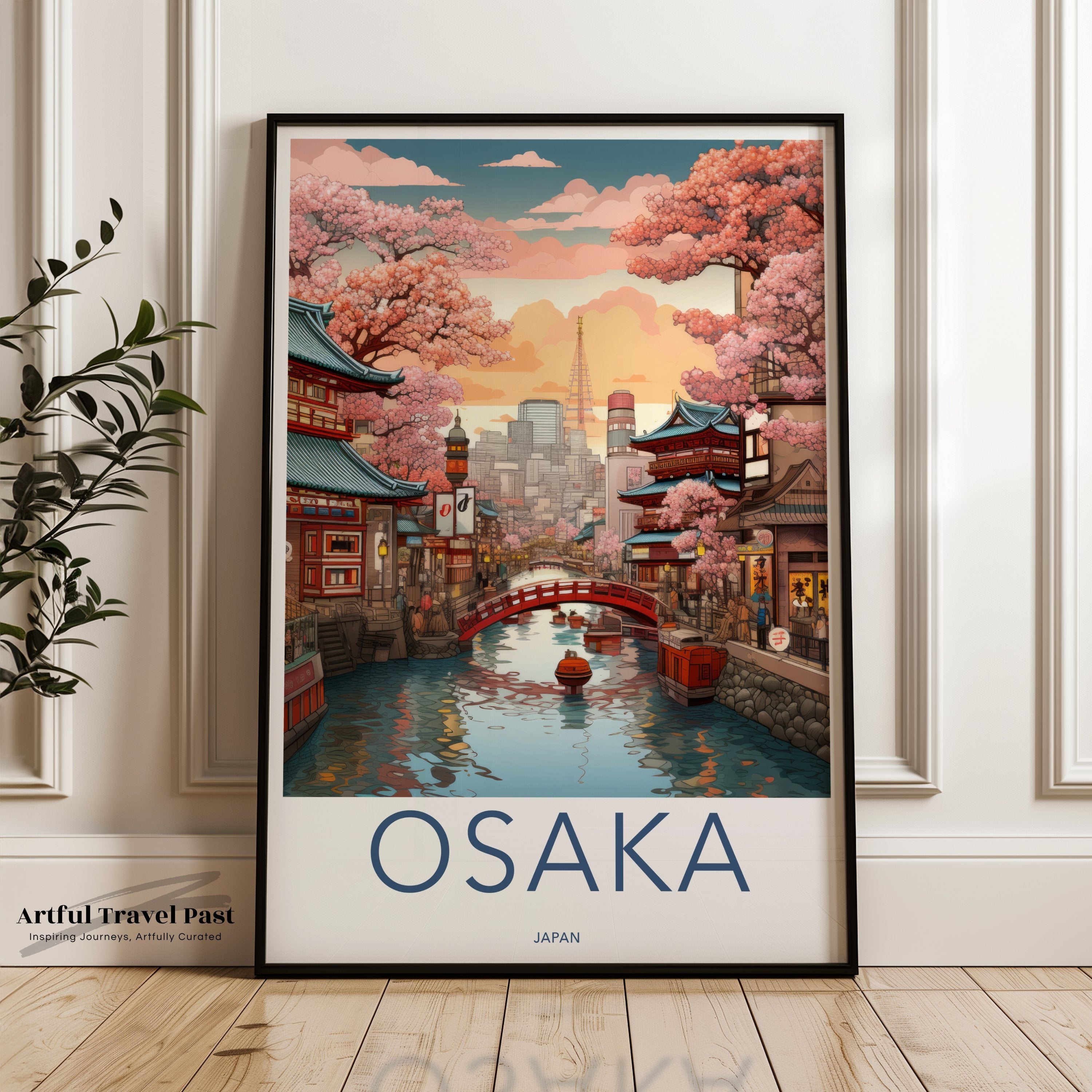 Osaka Cityscape Wall Art Print, Japan Travel Poster, Cherry Blossom Season, Japanese Cultural Decor, Architecture and Nature Artwork