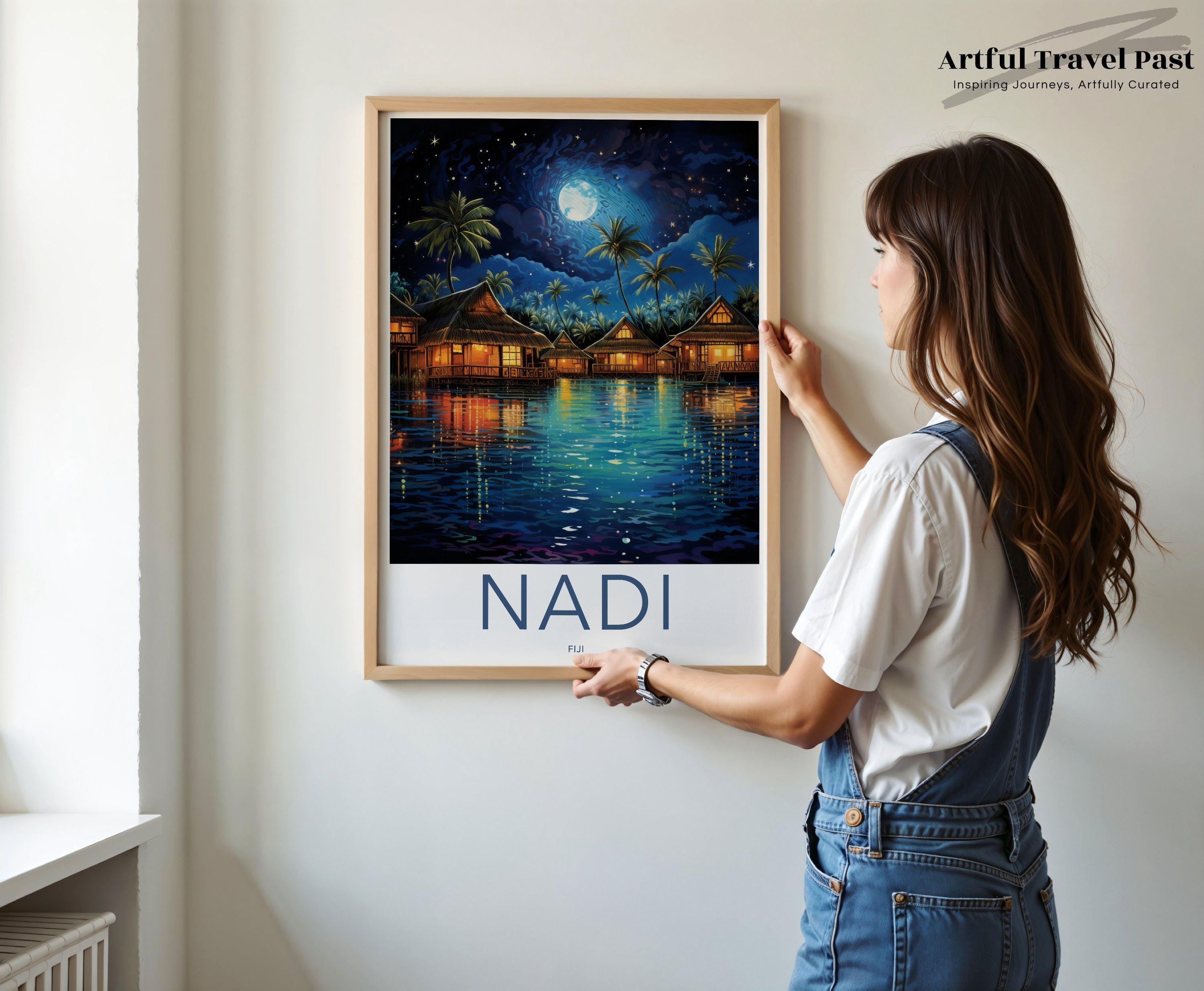 Fiji Wall Art, Nadi Night Scene with Moon, Tropical Paradise Coastal Decor, Exotic Island Landscape, Polynesian Art Print