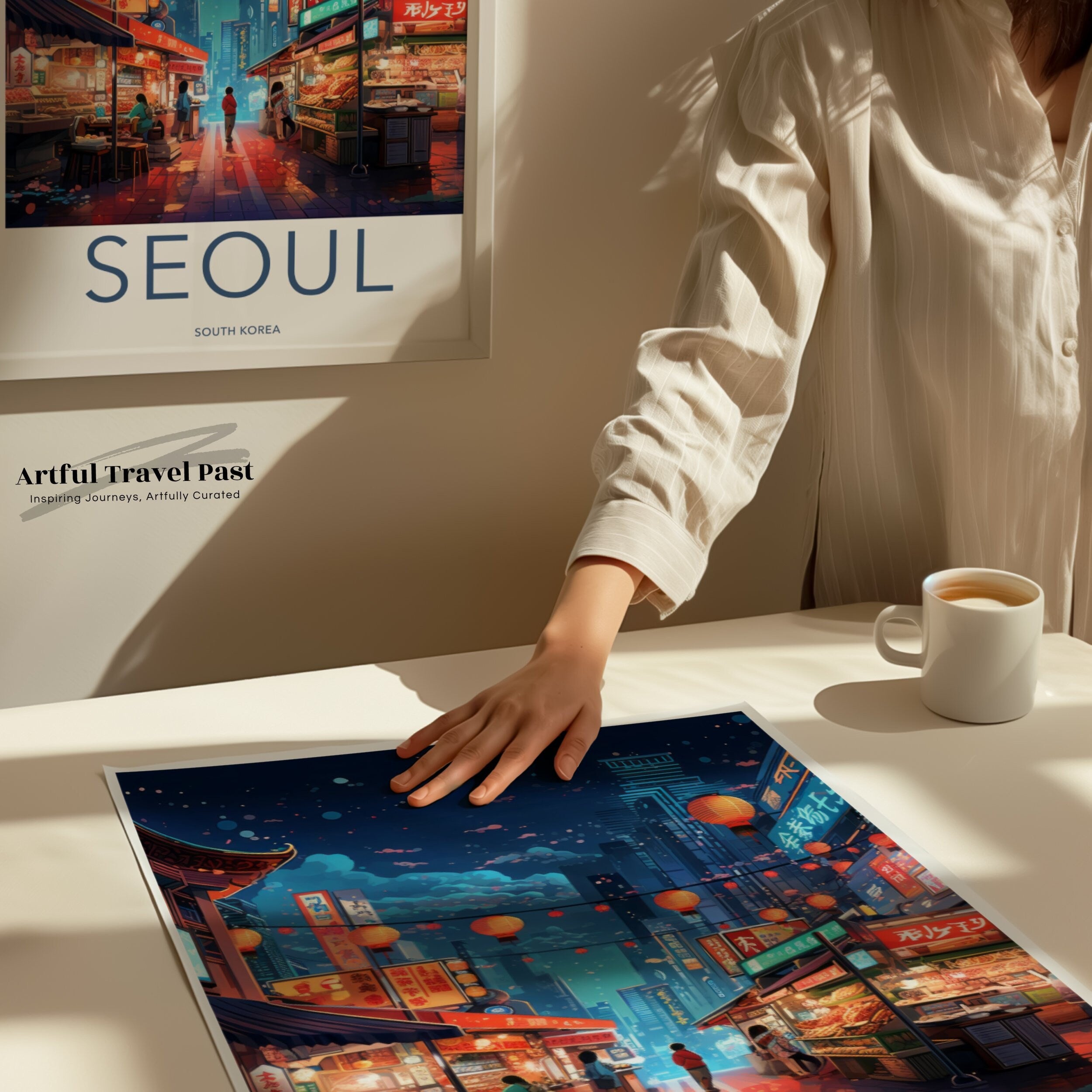 Seoul Cityscape Wall Art, South Korea Night Market Poster, Vibrant Asian Street Scene, Modern Urban Artwork, Asian Culture Decor