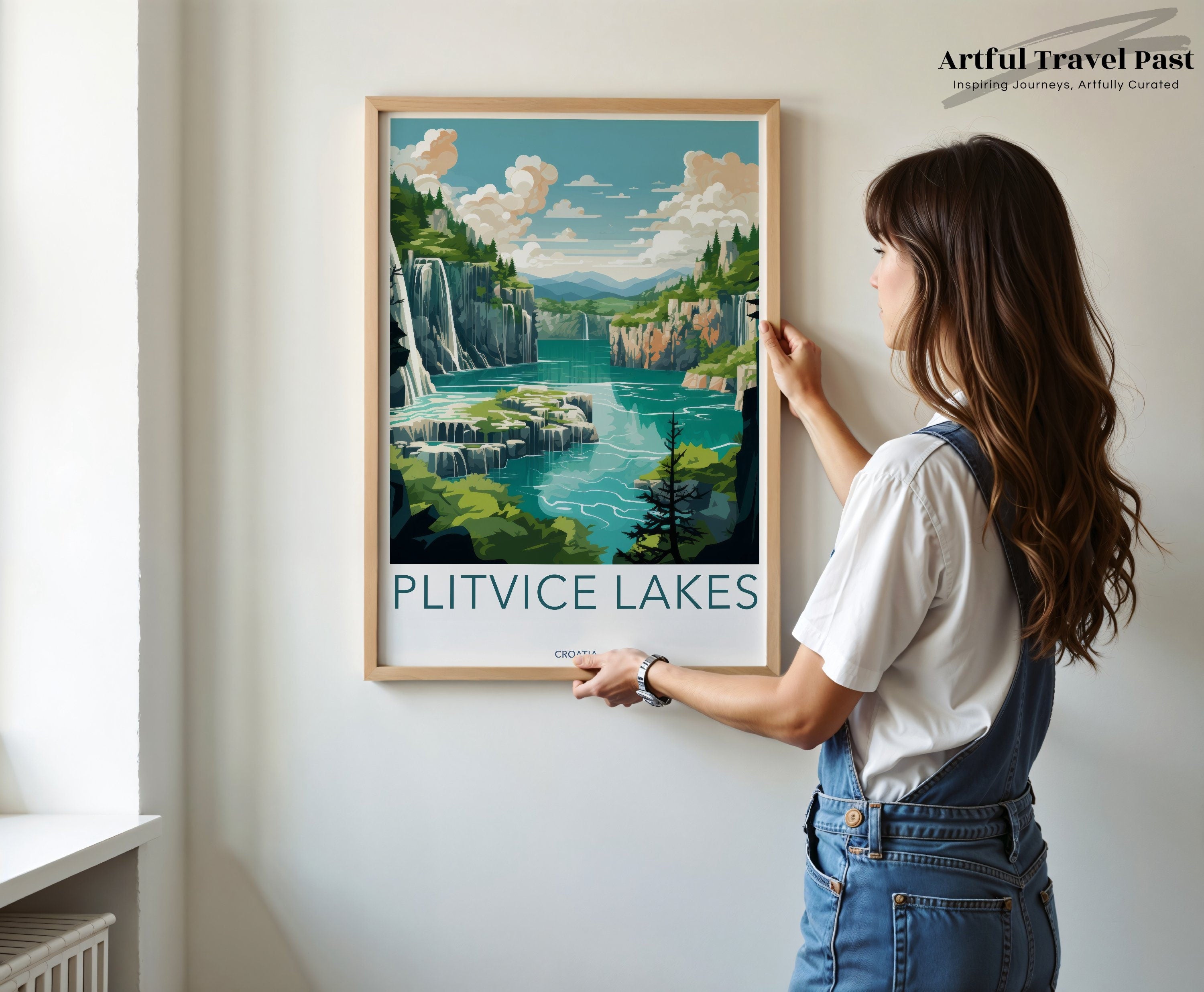 Plitvice Lakes Wall Art, Croatia Travel Poster, Nature Scenic Print, Landscape Wall Decor, National Park Illustration, Waterfall Art