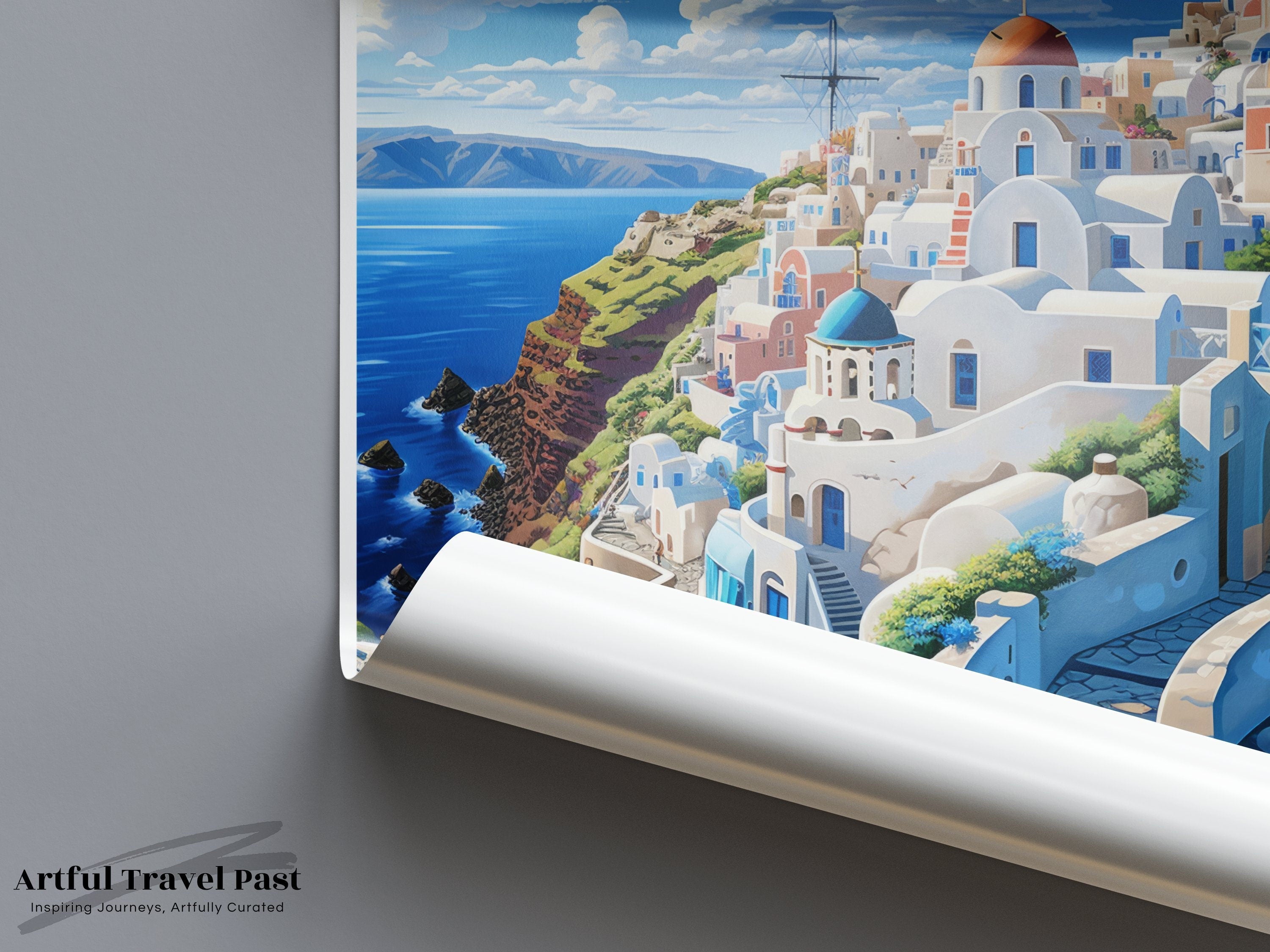 Santorini Wall Art, Greek Island Decor, Mediterranean Canvas Print, Scenic Coastal Painting, Cyclades Architecture Artwork