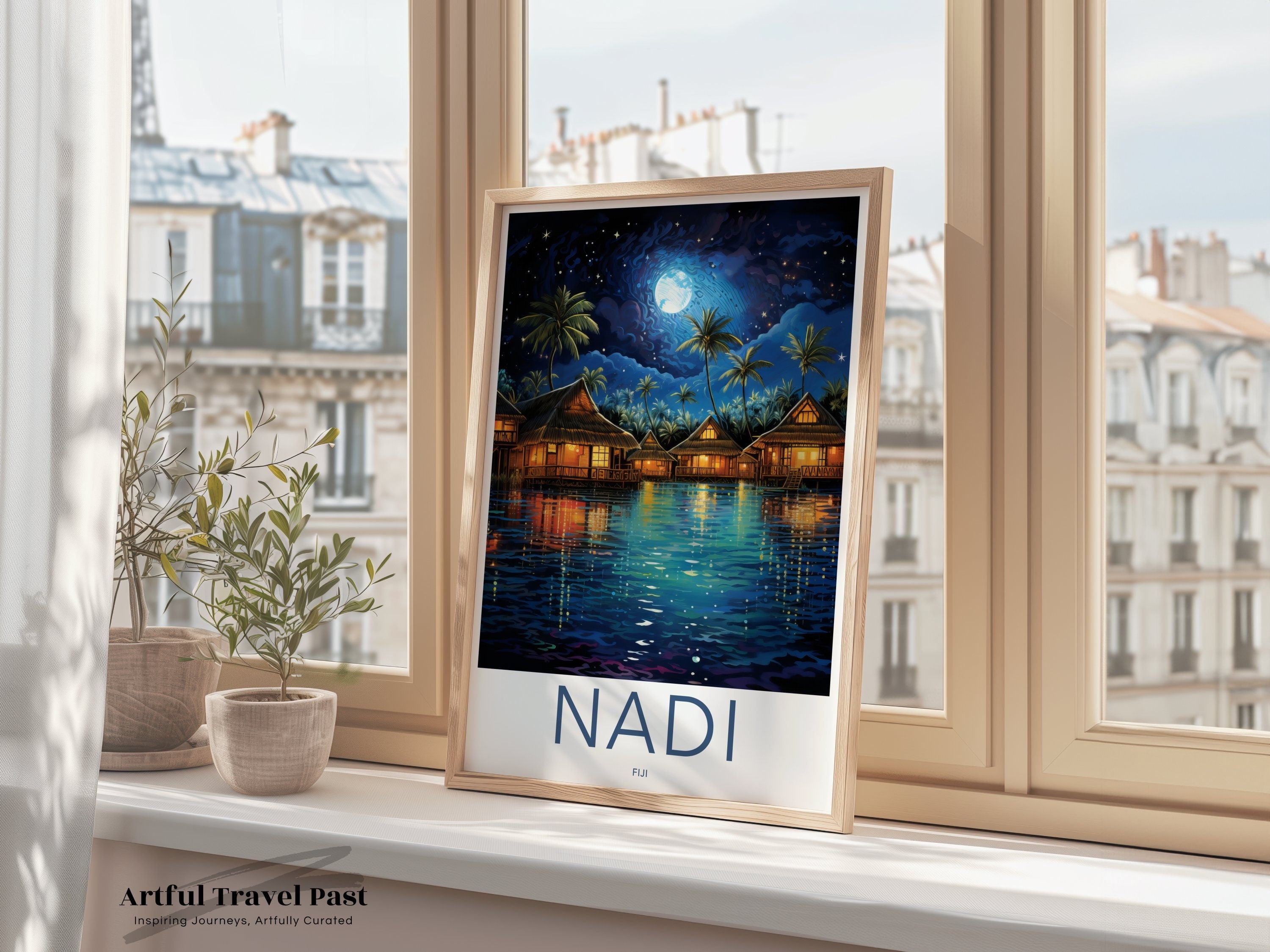 Fiji Wall Art, Nadi Night Scene with Moon, Tropical Paradise Coastal Decor, Exotic Island Landscape, Polynesian Art Print