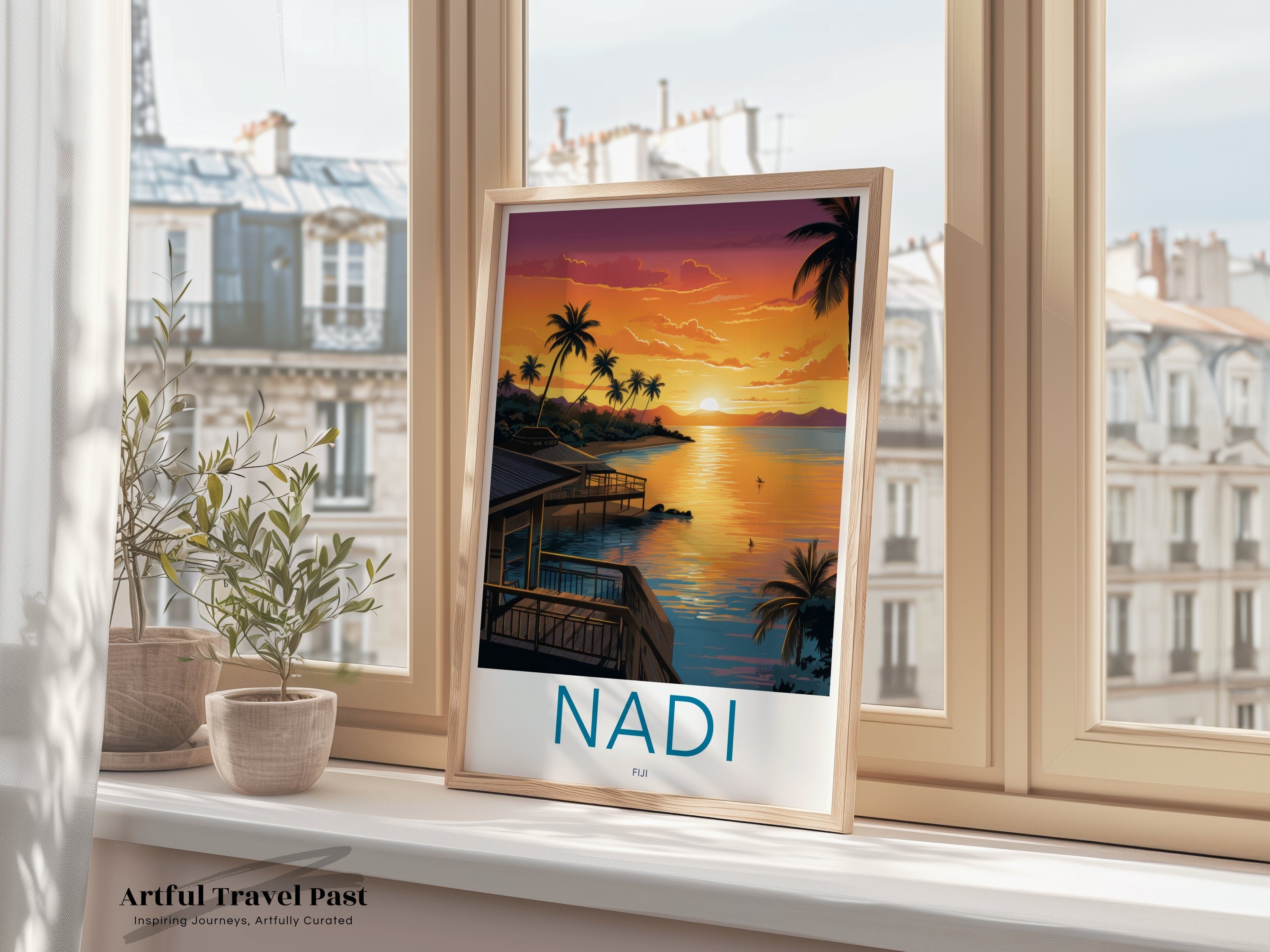 Nadi Fiji Sunset Wall Art, Tropical Beach Landscape Print, Exotic Vacation Destination Poster, Coastal Home Decor, Serene Seascape