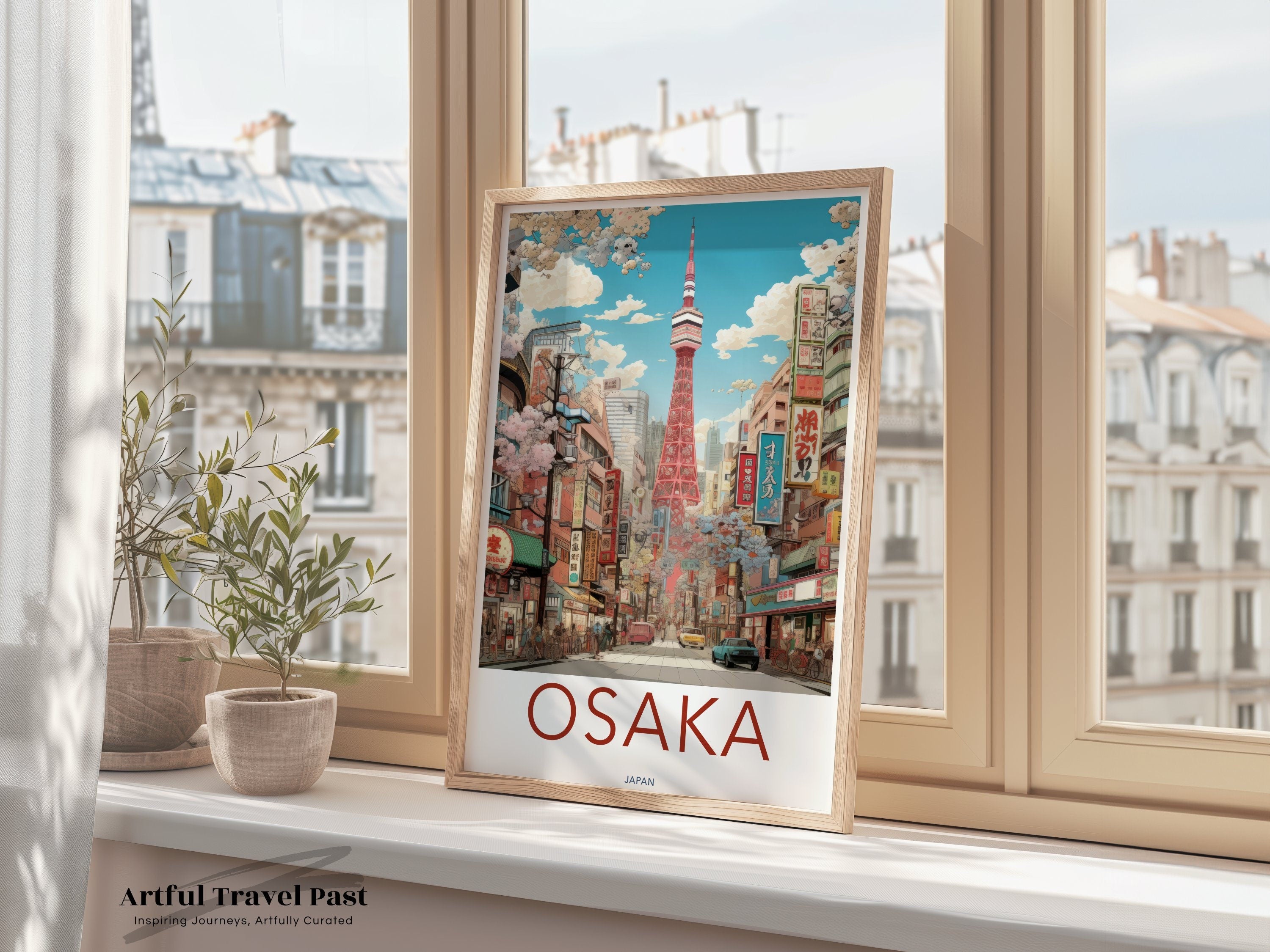 Osaka Cityscape Wall Art, Japanese Architecture Print, Vibrant Urban Decor, Cherry Blossoms, Modern Skyline, Historical Landmarks