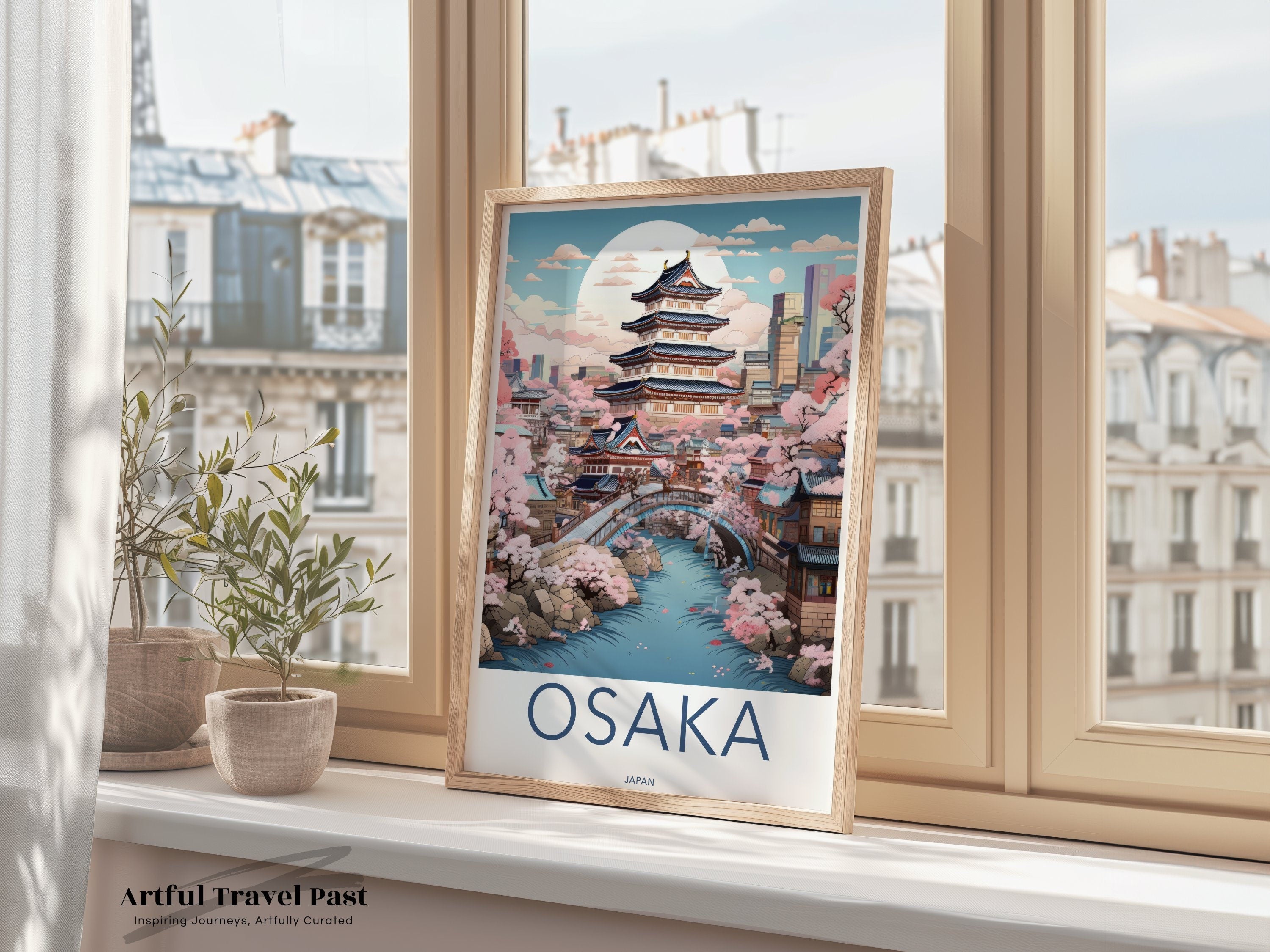 Beautiful Osaka Japan Wall Art, Cherry Blossoms Framed Poster, Japanese Pagoda Decor, Vibrant Urban Landscape Print