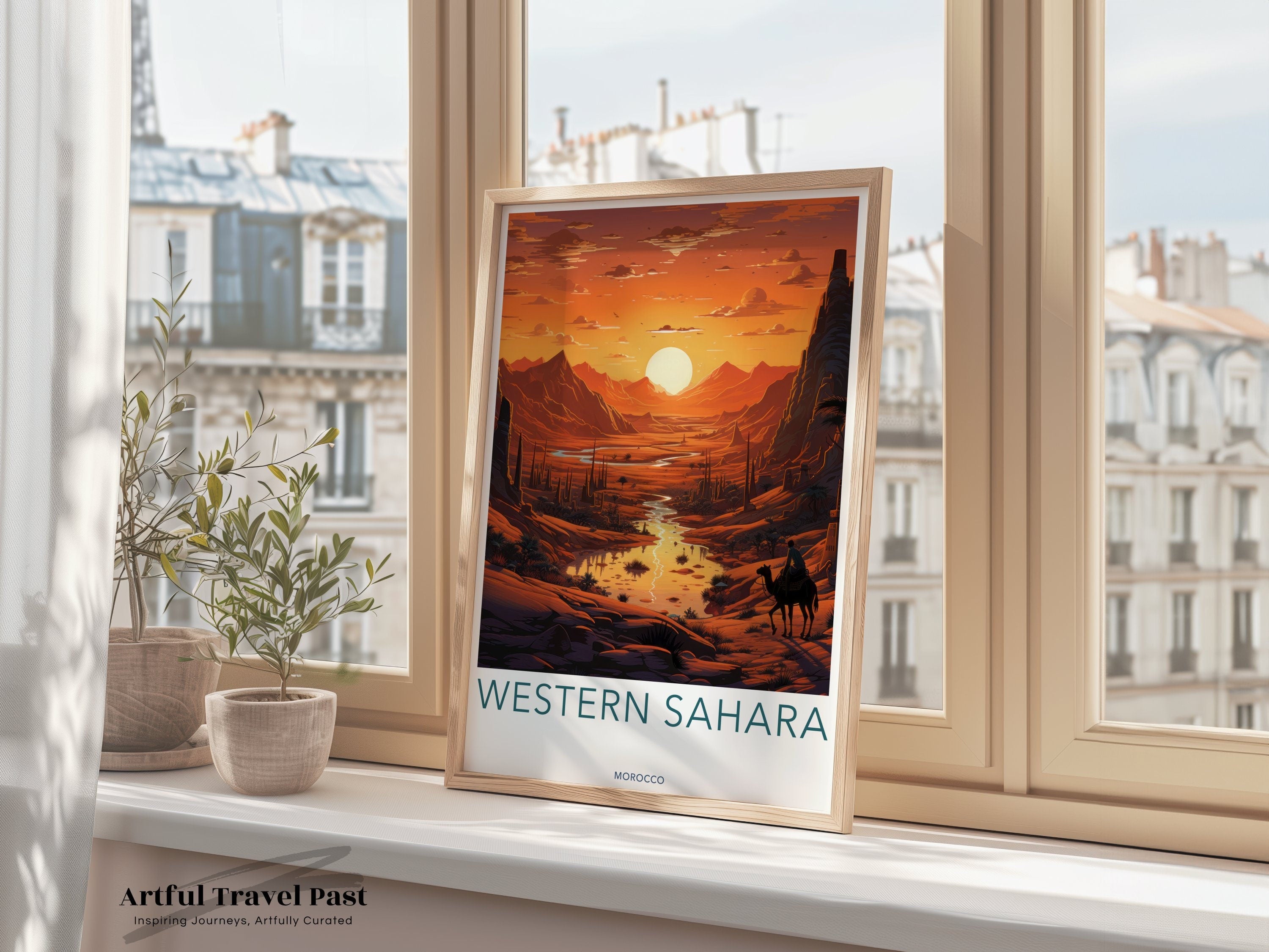 Western Sahara Wall Art Print, Sunset Desert Landscape, Moroccan Art, Camel Riders, Stunning Home Decor, Travel Poster, Art Lovers Gift