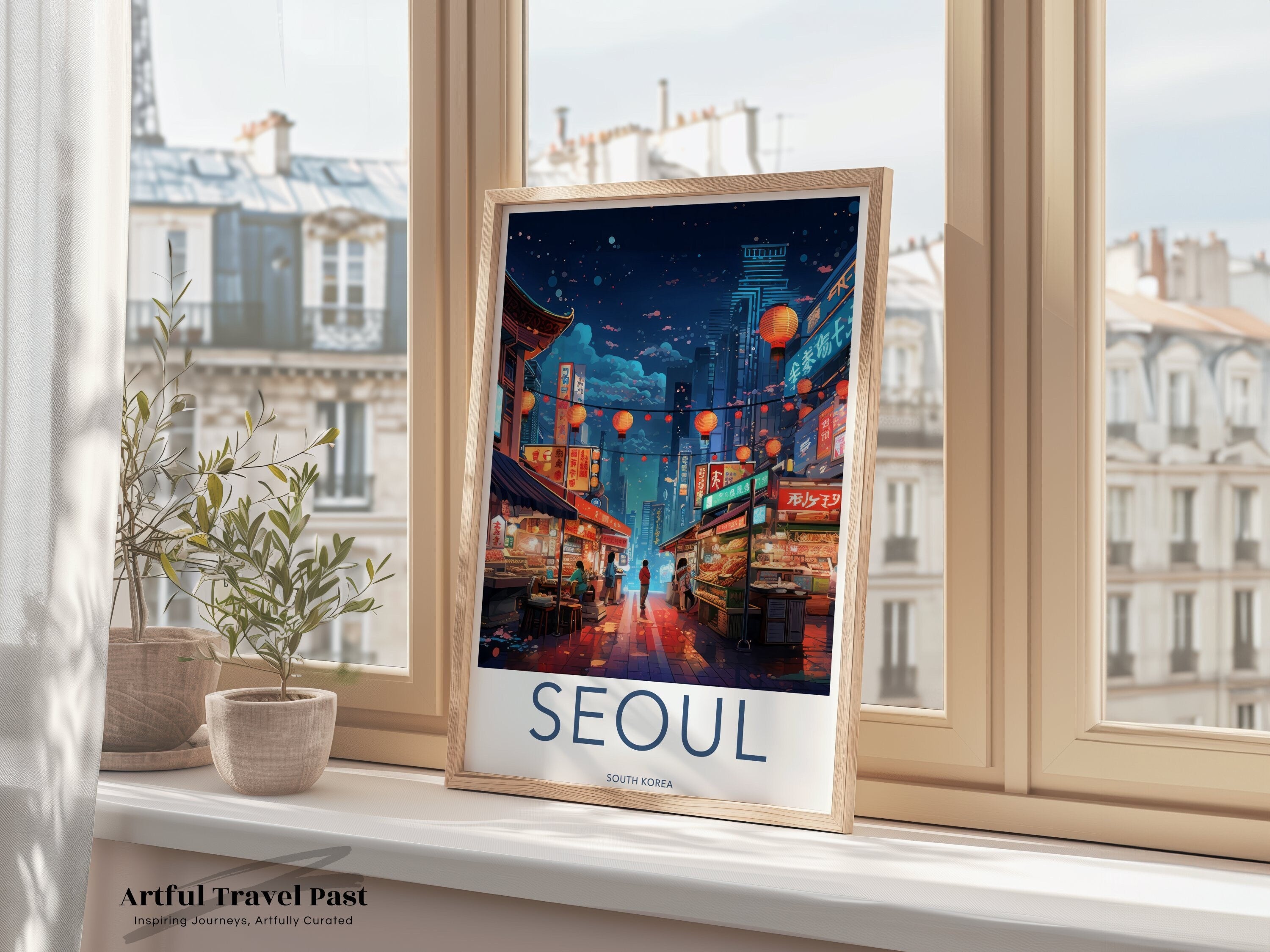 Seoul Cityscape Wall Art, South Korea Night Market Poster, Vibrant Asian Street Scene, Modern Urban Artwork, Asian Culture Decor