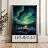 Northern Lights Over Tromsø Wall Art, Norway Scenic Poster, Arctic Circle Night Sky Print, Cozy Campsite Illustration, Nordic Home Decor