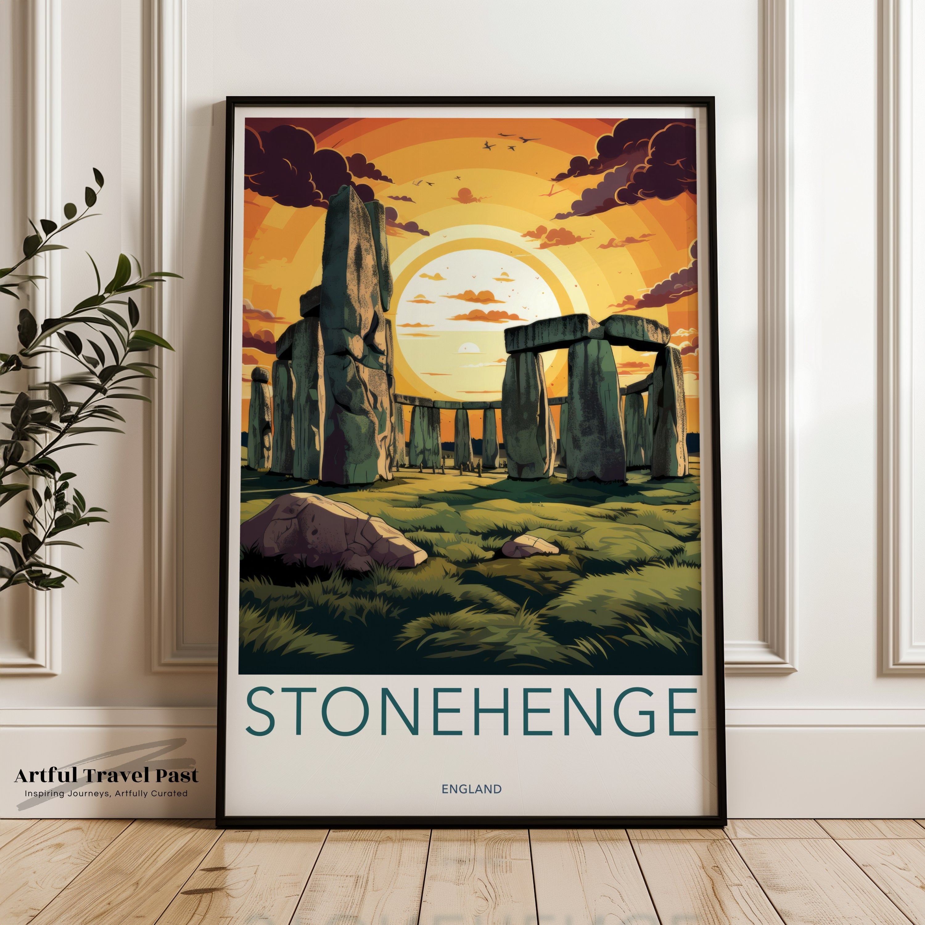 Stonehenge Wall Art Print, Historic Stonehenge Poster, England Travel Decor, British Landmark Artwork, Sunset Stone Circle Illustration