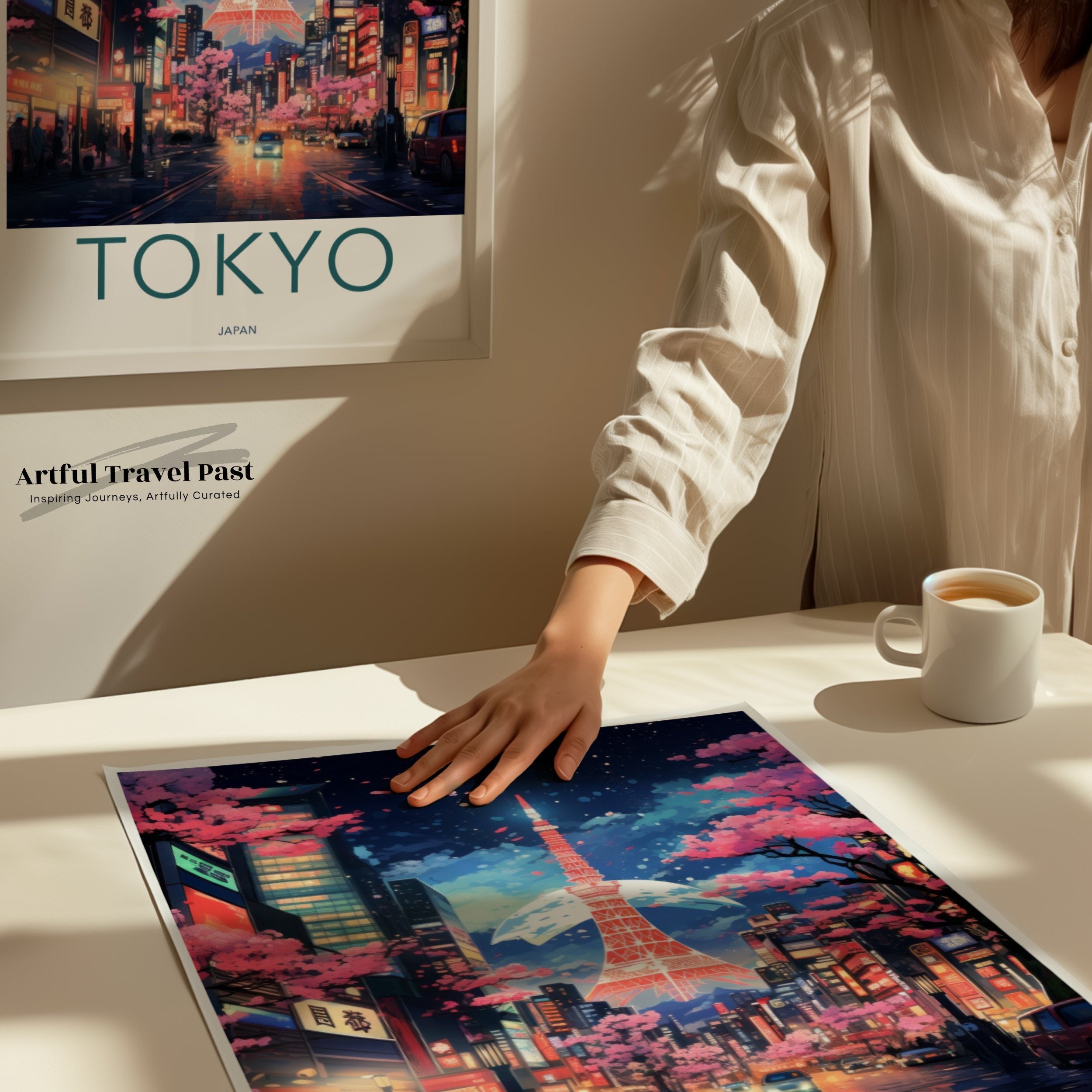 Tokyo Skyline Wall Art, Cherry Blossoms, Tokyo Tower Poster, Vibrant Cityscape Print, Japan Travel Decor, Japanese Culture Artwork