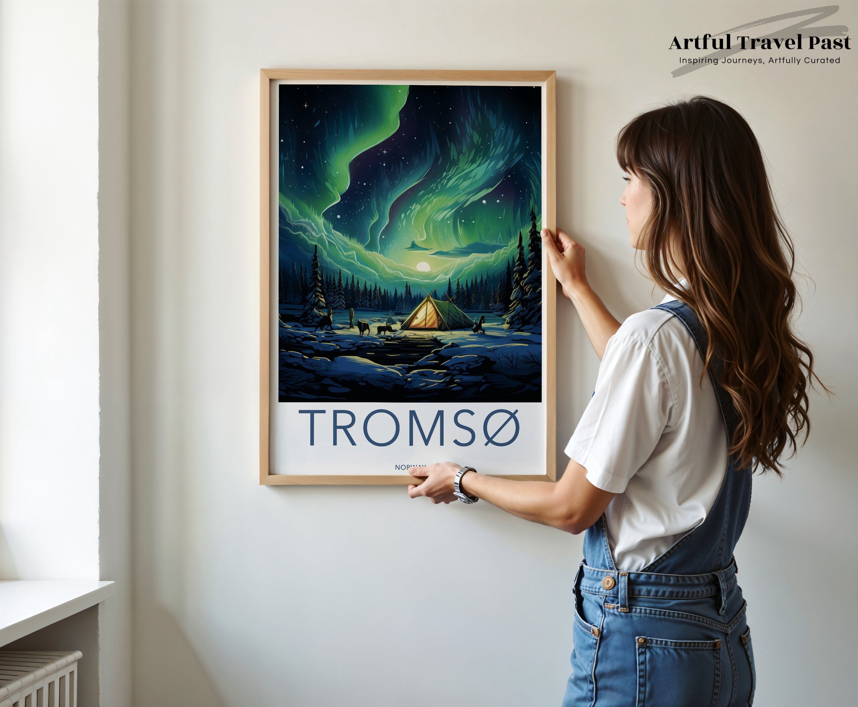 Northern Lights Over Tromsø Wall Art, Norway Scenic Poster, Arctic Circle Night Sky Print, Cozy Campsite Illustration, Nordic Home Decor