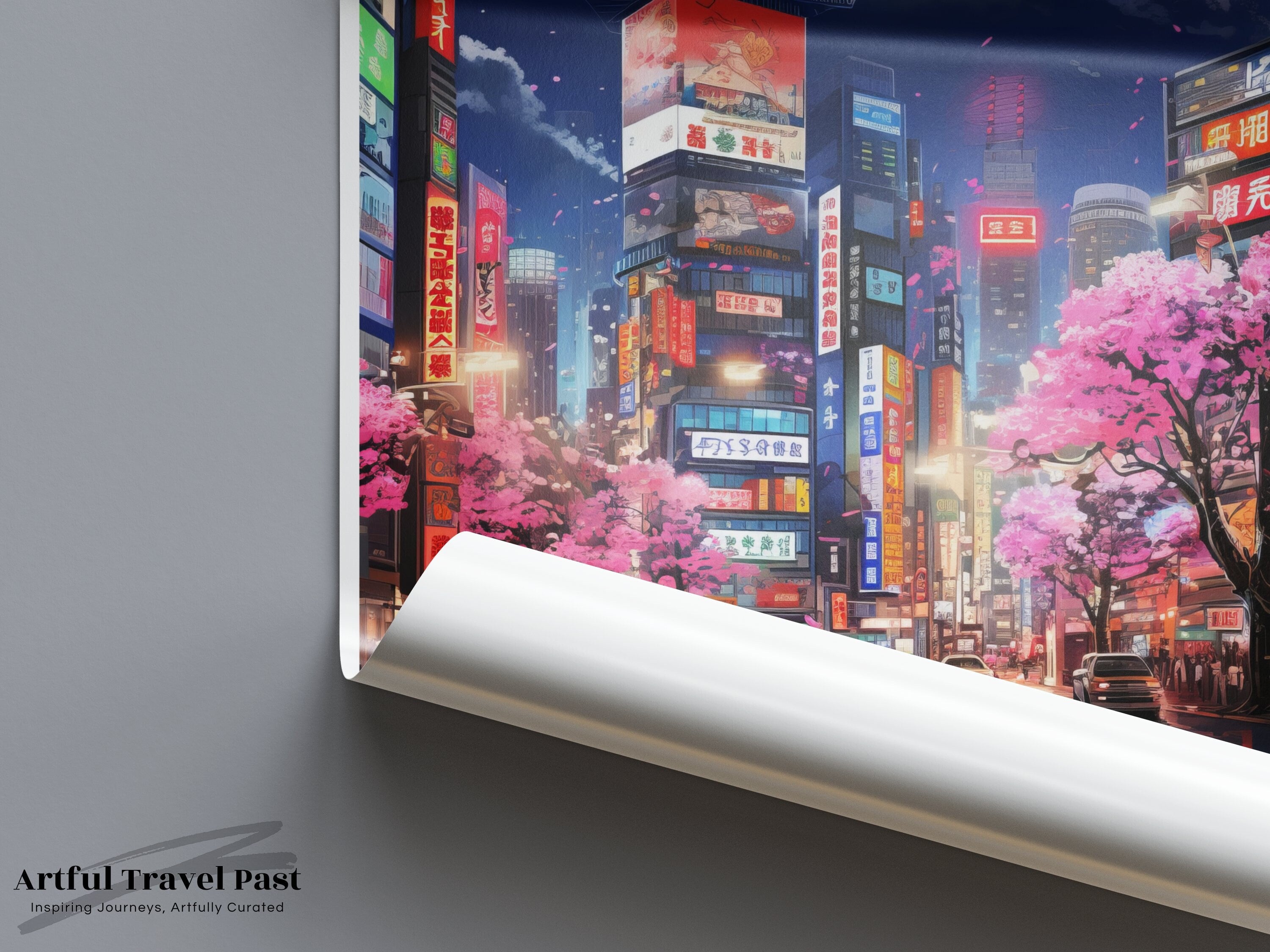 Tokyo Japan Wall Art, Cityscape Poster, Neon Lights Downtown, Modern City Print, Cherry Blossom Street, Moonlit Night Scene, Urban Decor