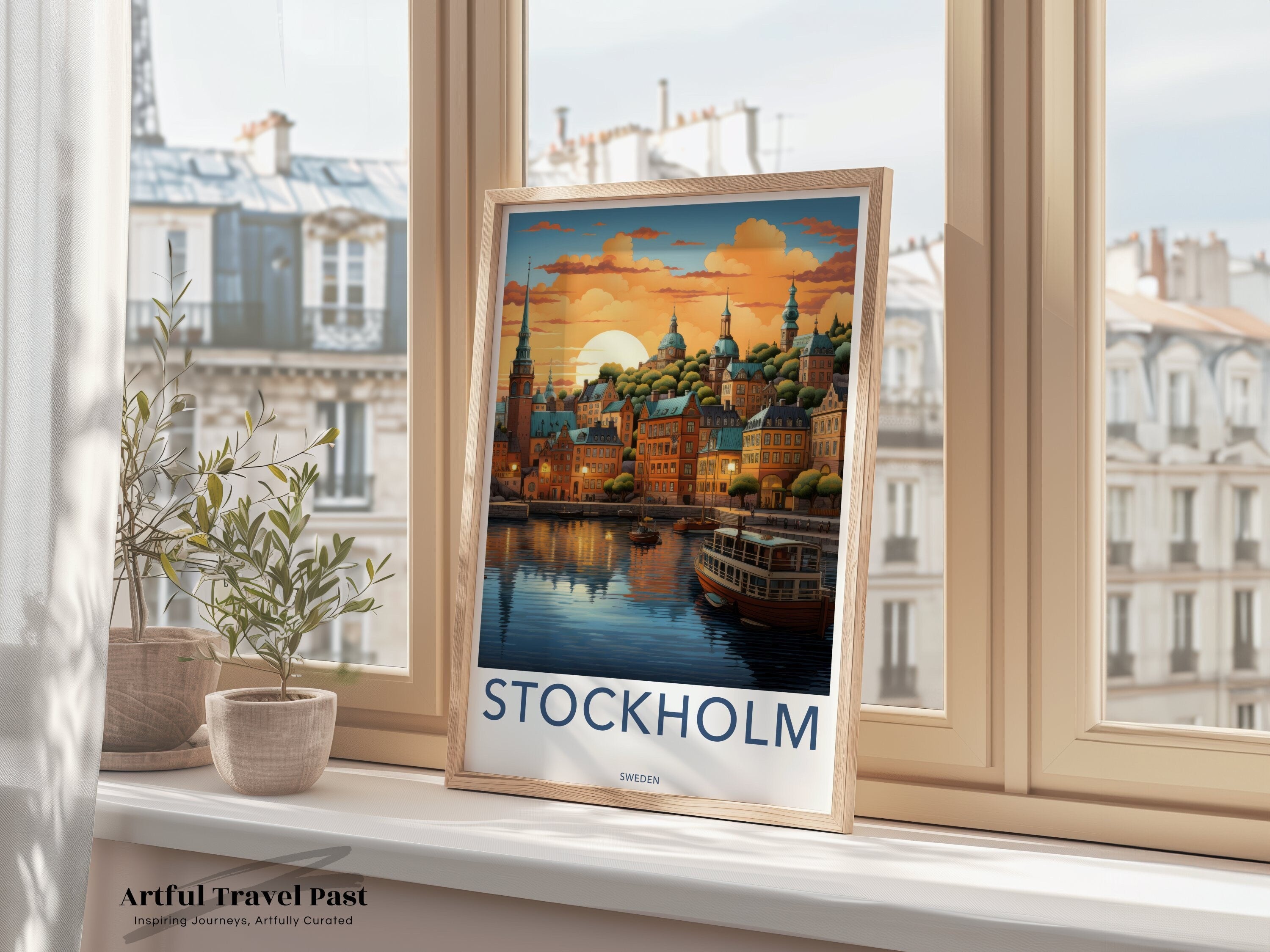 Stunning Stockholm Sunset Wall Art, Scandinavian Cityscape Print, Swedish Harbor View, Historic Architecture, Vibrant Artwork