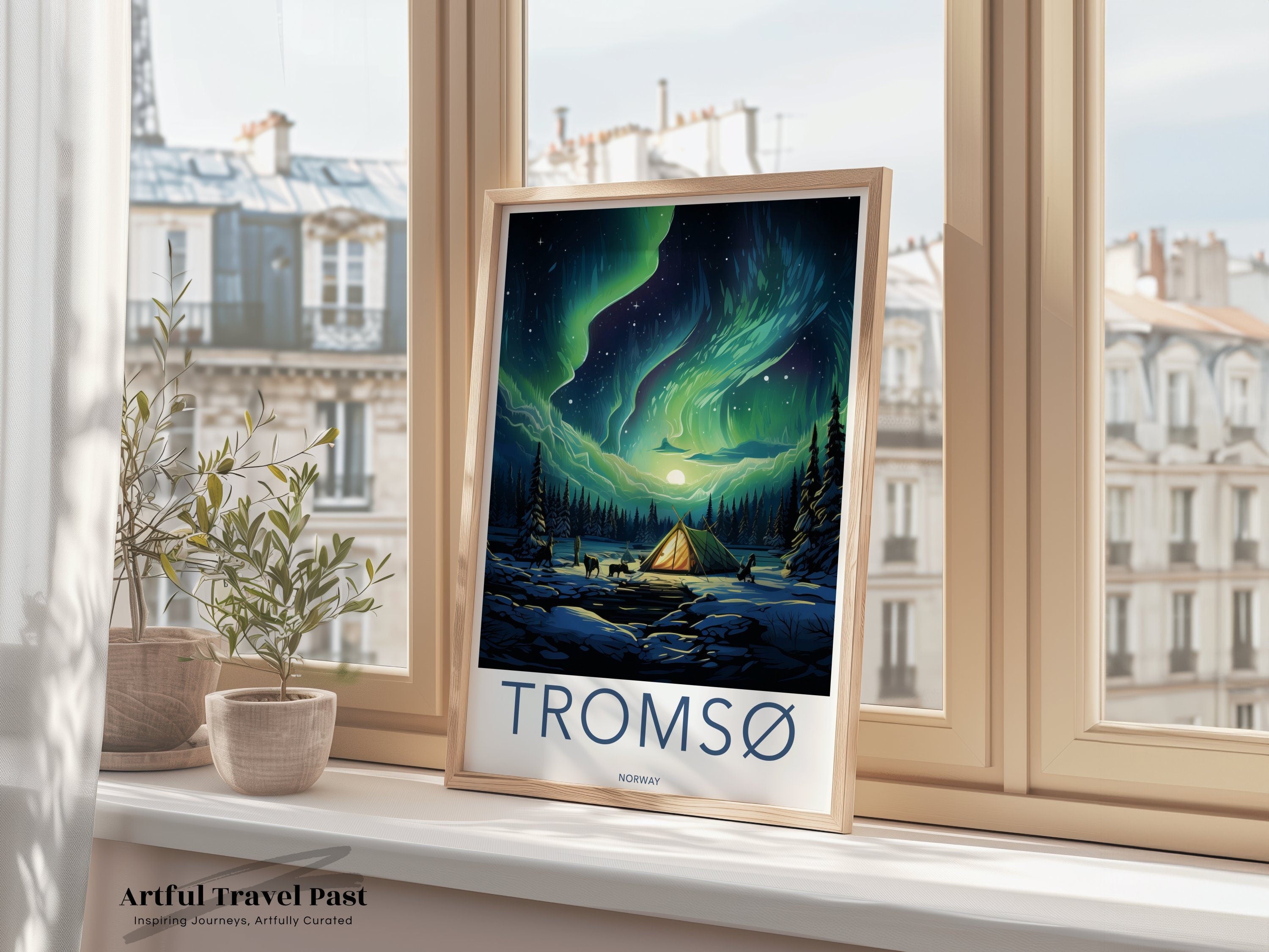 Northern Lights Over Tromsø Wall Art, Norway Scenic Poster, Arctic Circle Night Sky Print, Cozy Campsite Illustration, Nordic Home Decor