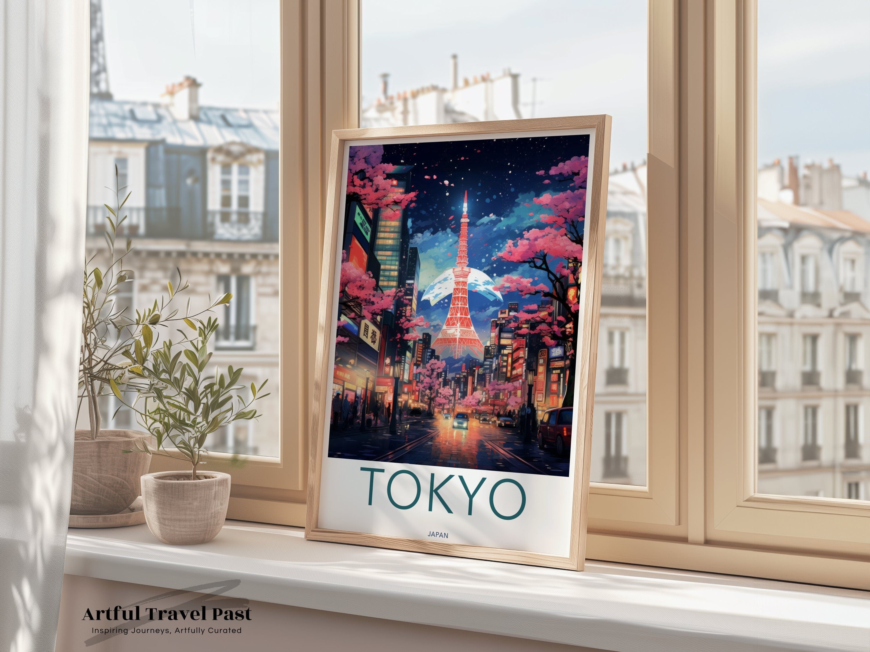 Tokyo Skyline Wall Art, Cherry Blossoms, Tokyo Tower Poster, Vibrant Cityscape Print, Japan Travel Decor, Japanese Culture Artwork