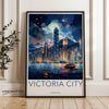 Victoria City Skyline Wall Art, Hong Kong Night View, Modern Cityscape Print, Vibrant Urban Poster, Illuminated Skyscrapers Decor