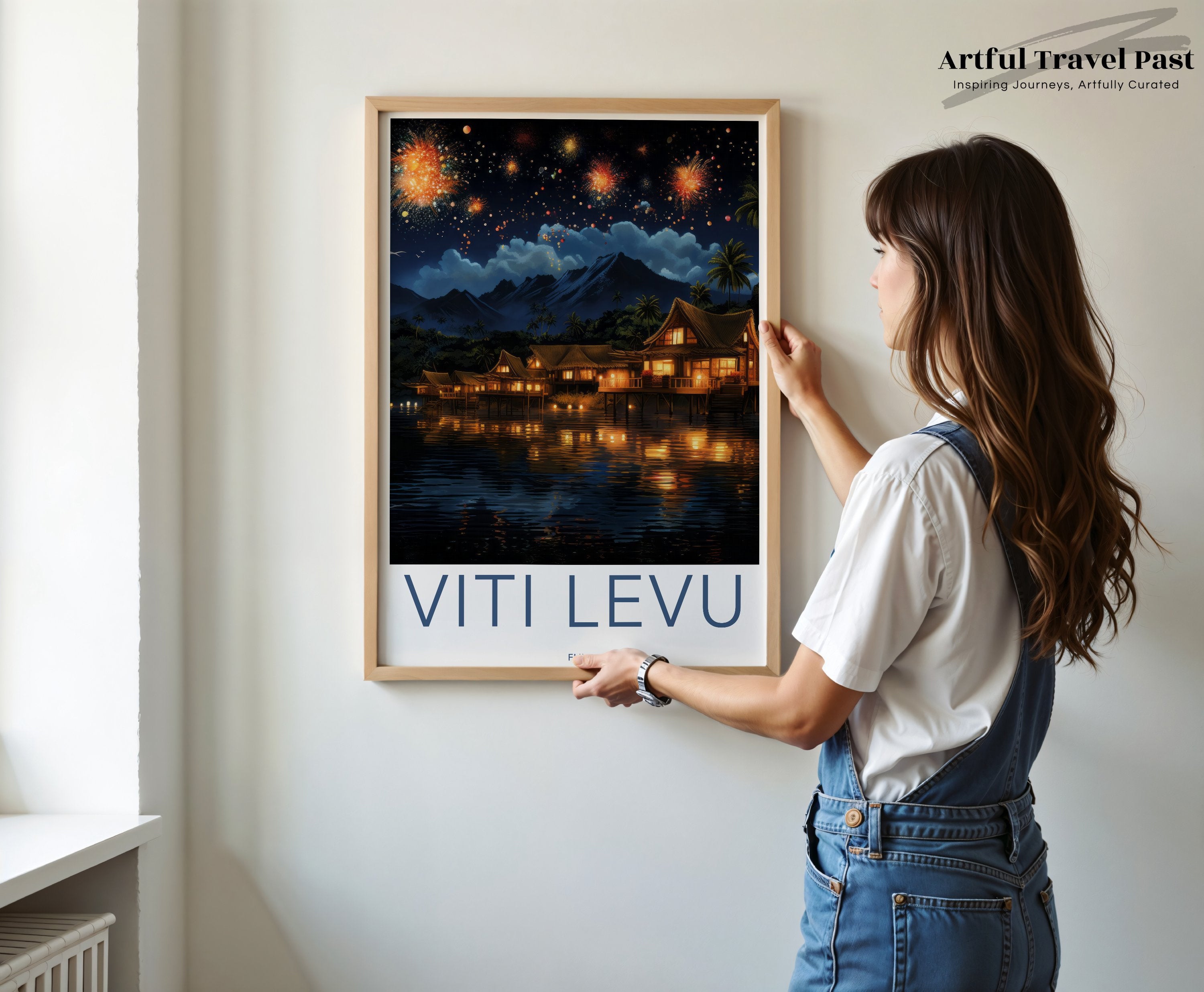 Viti Levu Fiji Wall Art, Stunning Fireworks Display Over Pacific Island, Coastal Nightscape, Fiji Cultural Wall Decor