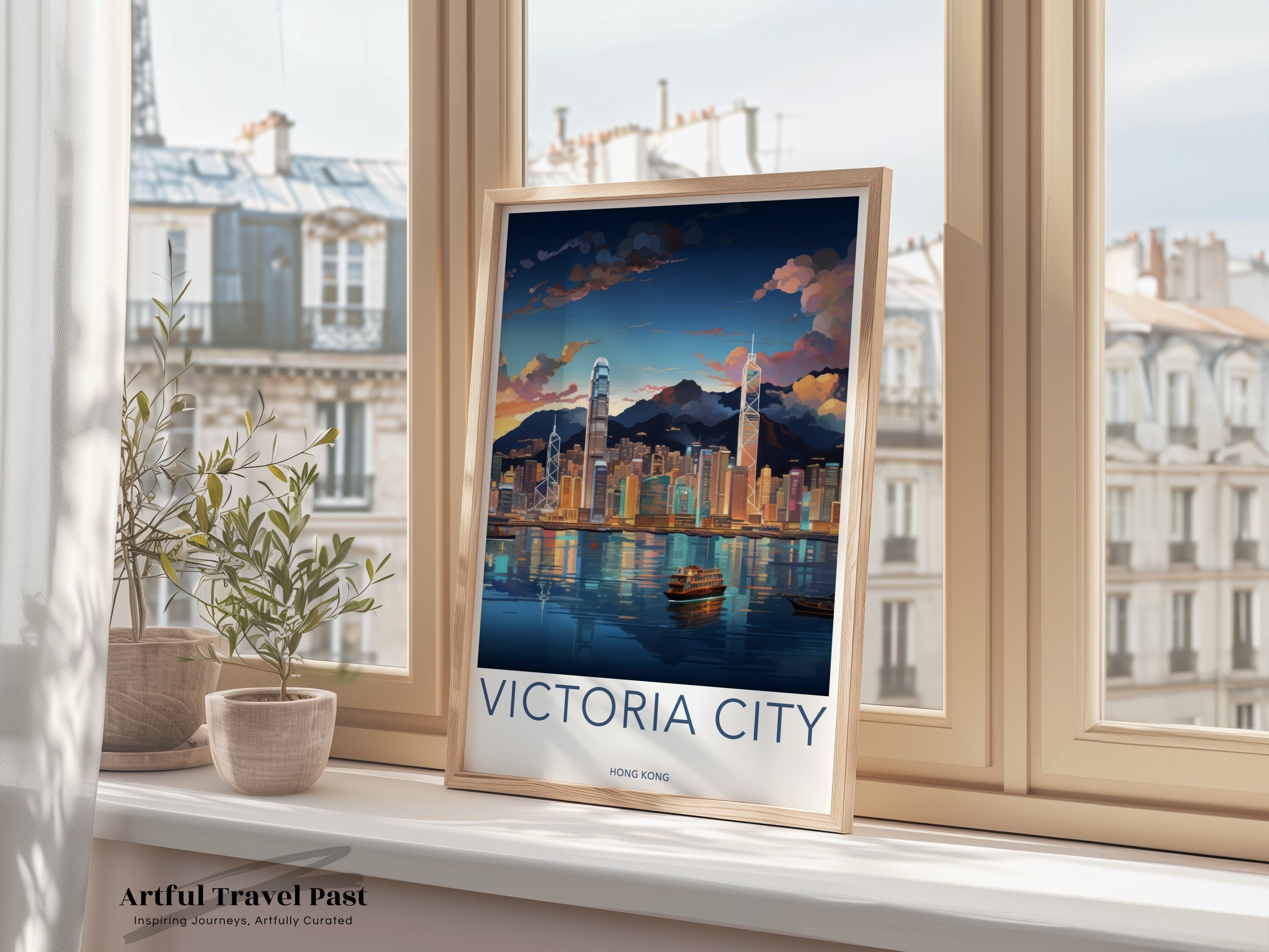 Victoria City Skyline Wall Art, Hong Kong Night View Print, Modern Cityscape Decor, Urban Landscape Poster, Hong Kong Art Print