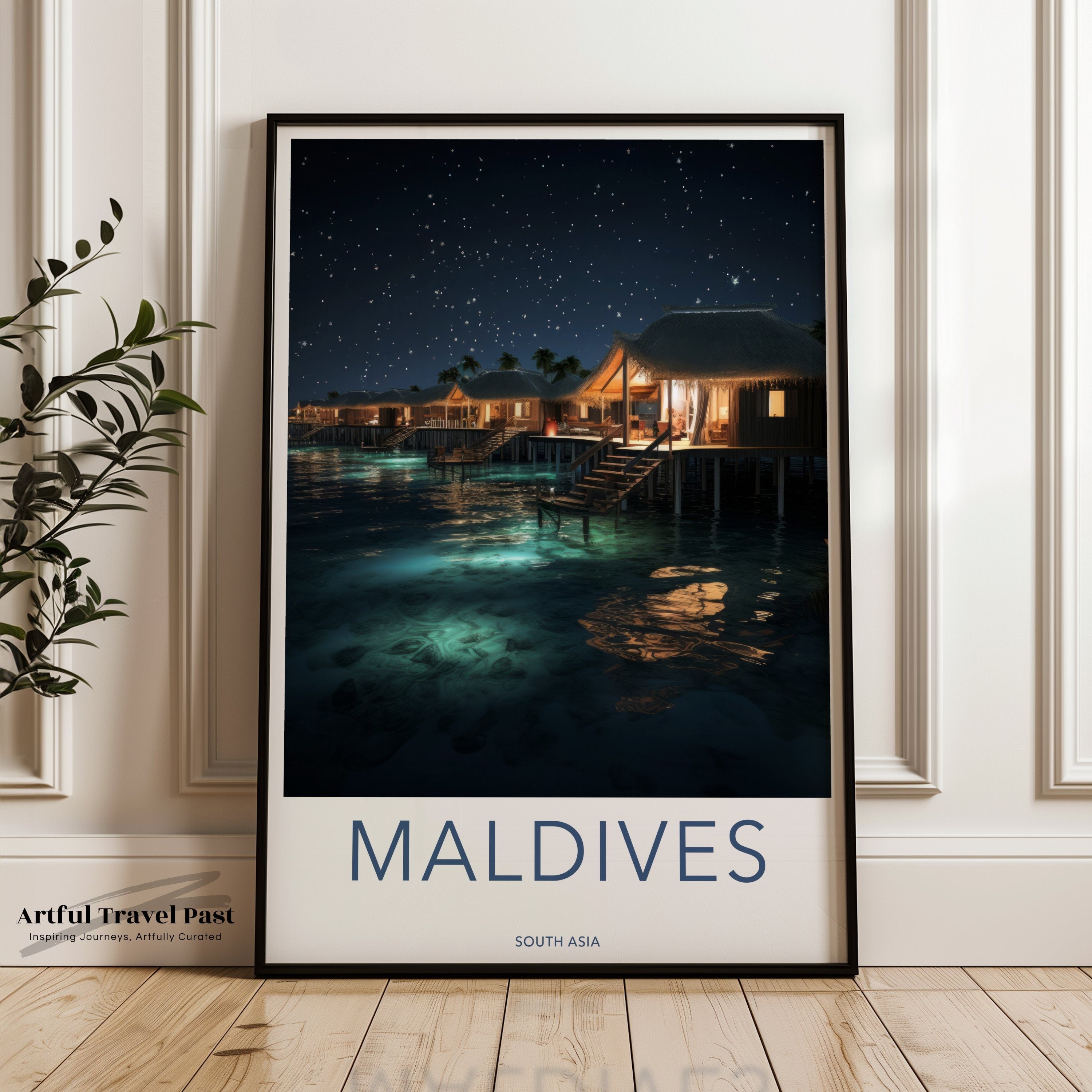 Maldives Night Sky Overwater Bungalows Wall Art, South Asia Scenic Print, Starry Night Ocean View Poster, Tropical Paradise Decor