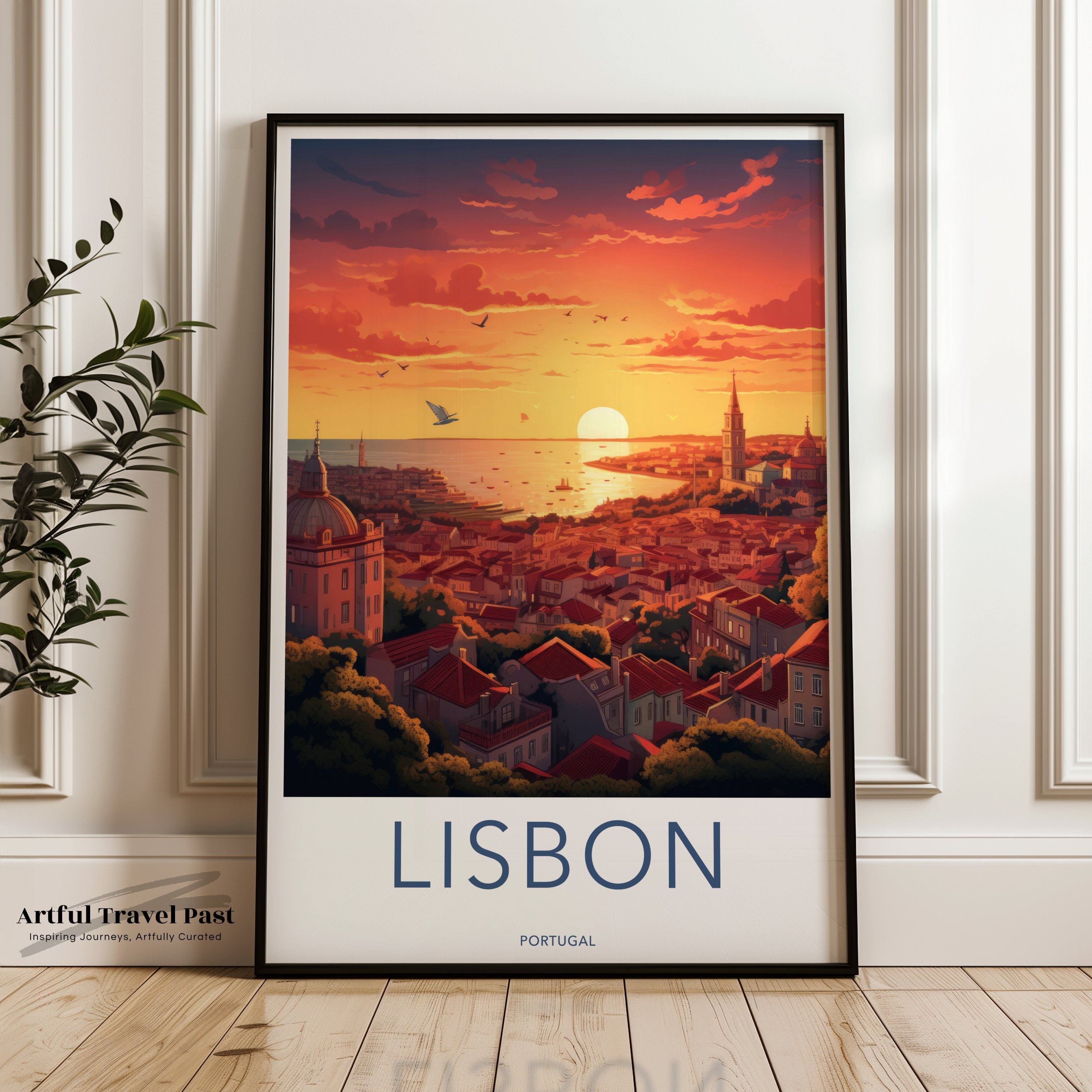 Lisbon Wall Art, Portugal Sunset Poster, Cityscape Print, Travel Decor, Vibrant Sunset Artwork, Europe Landmark Artwork, City View Painting