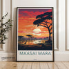 Maasai Mara Wall Art, Sunset African Landscape Print, Giraffes and Wildlife Art, African Safari Decor, Nature Illustration, Kenya Art