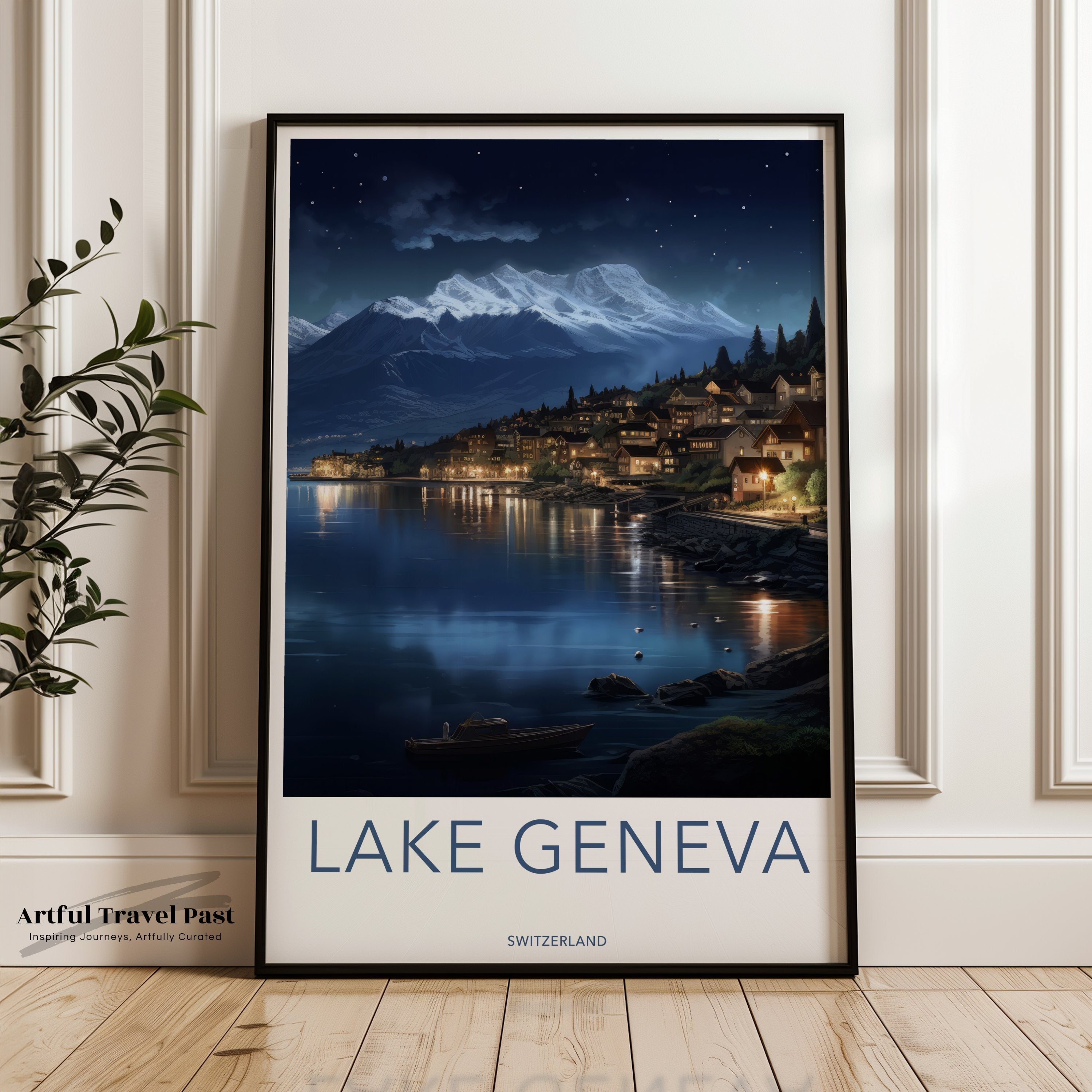 Lake Geneva Wall Art, Switzerland Night View, Serene Lake Scene, Mountain Landscape, Tranquil Village, Scenic Art Print