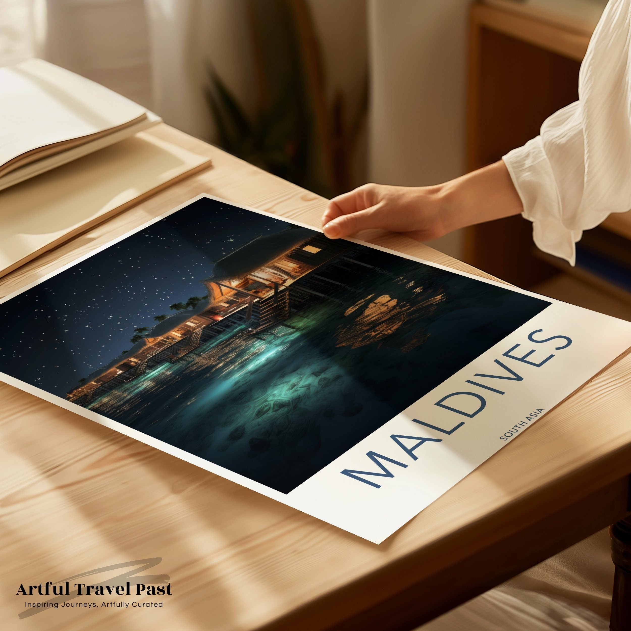 Maldives Night Sky Overwater Bungalows Wall Art, South Asia Scenic Print, Starry Night Ocean View Poster, Tropical Paradise Decor