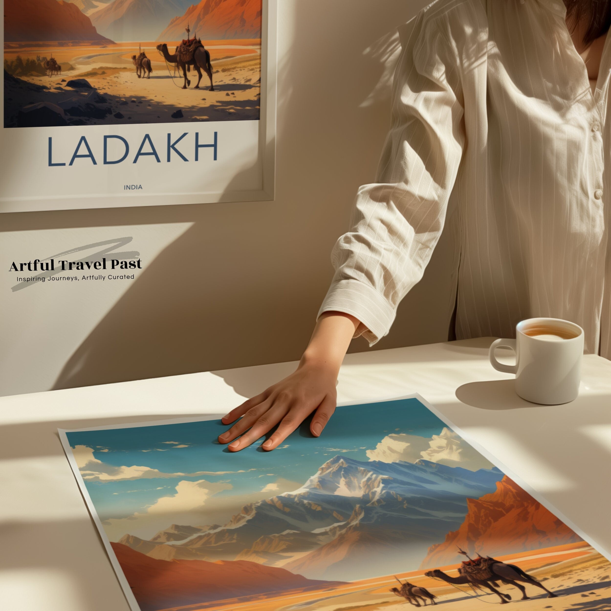 Ladakh Wall Art, Camel Ride through Majestic Mountains, Stunning Himalayan Landscape Print, India Travel Poster, Scenic Wall Decor