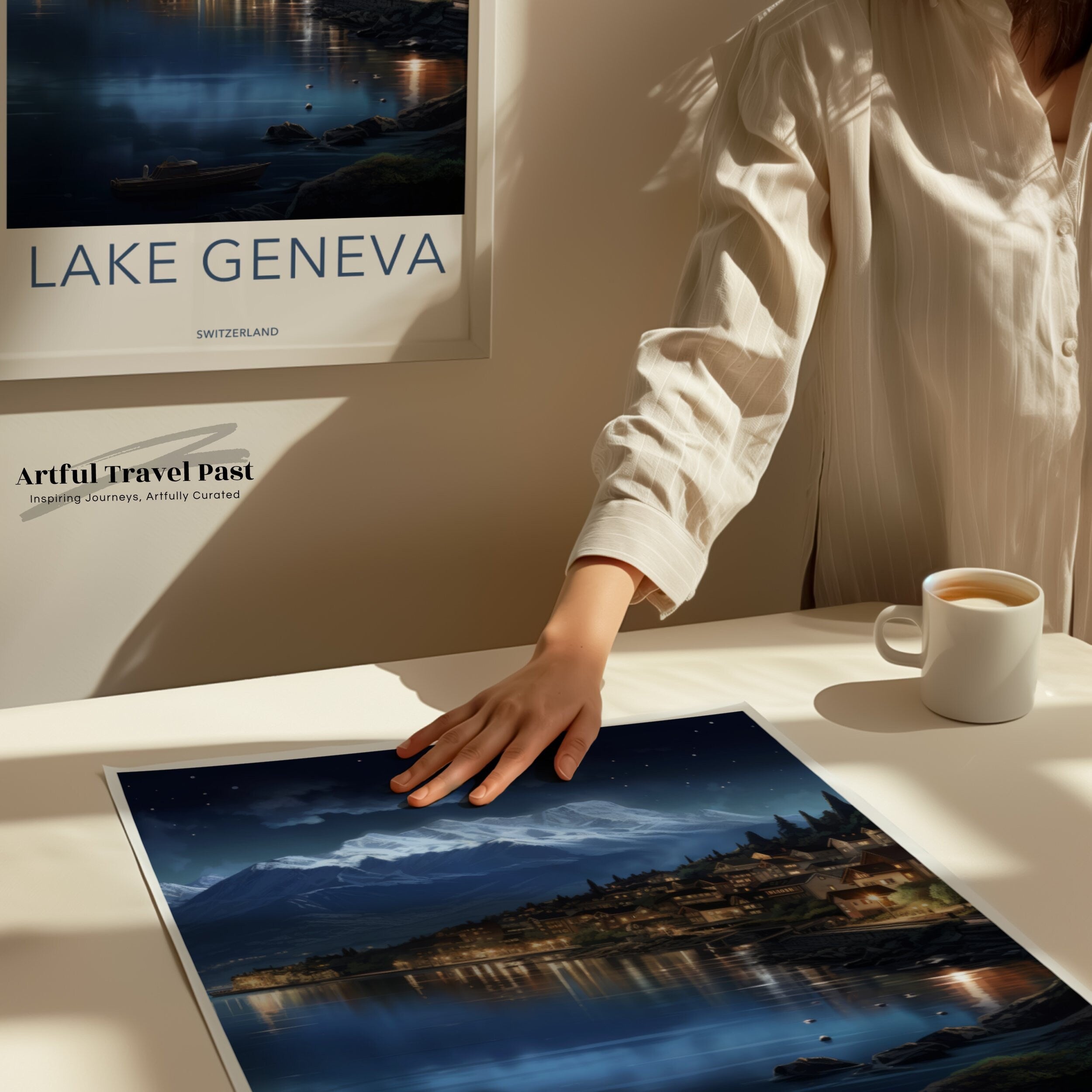 Lake Geneva Wall Art, Switzerland Night View, Serene Lake Scene, Mountain Landscape, Tranquil Village, Scenic Art Print