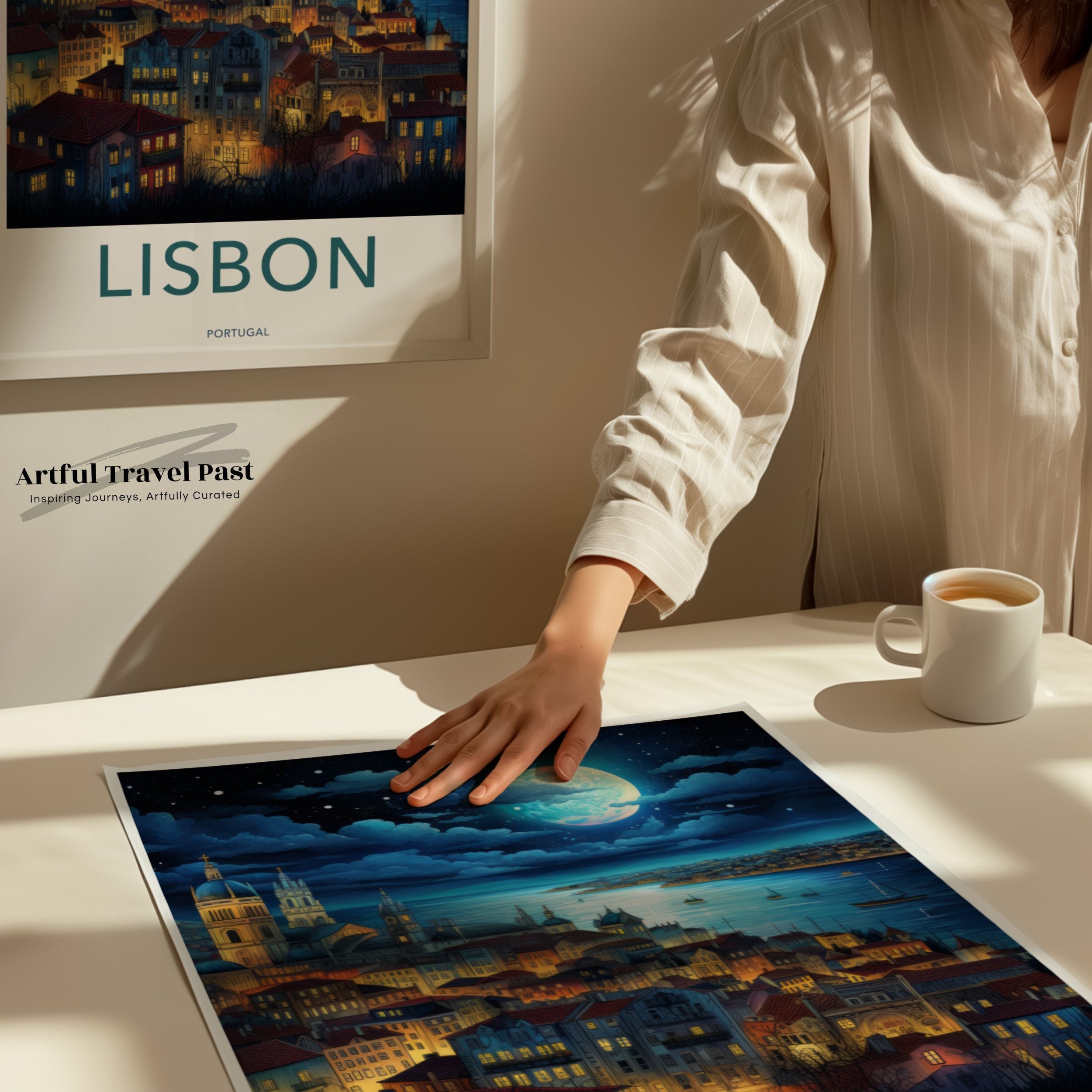 Lisbon nightscape wall art, cityscape print of Lisbon, illuminated Lisbon city at night, Portuguese architectural wonder, coastal city decor