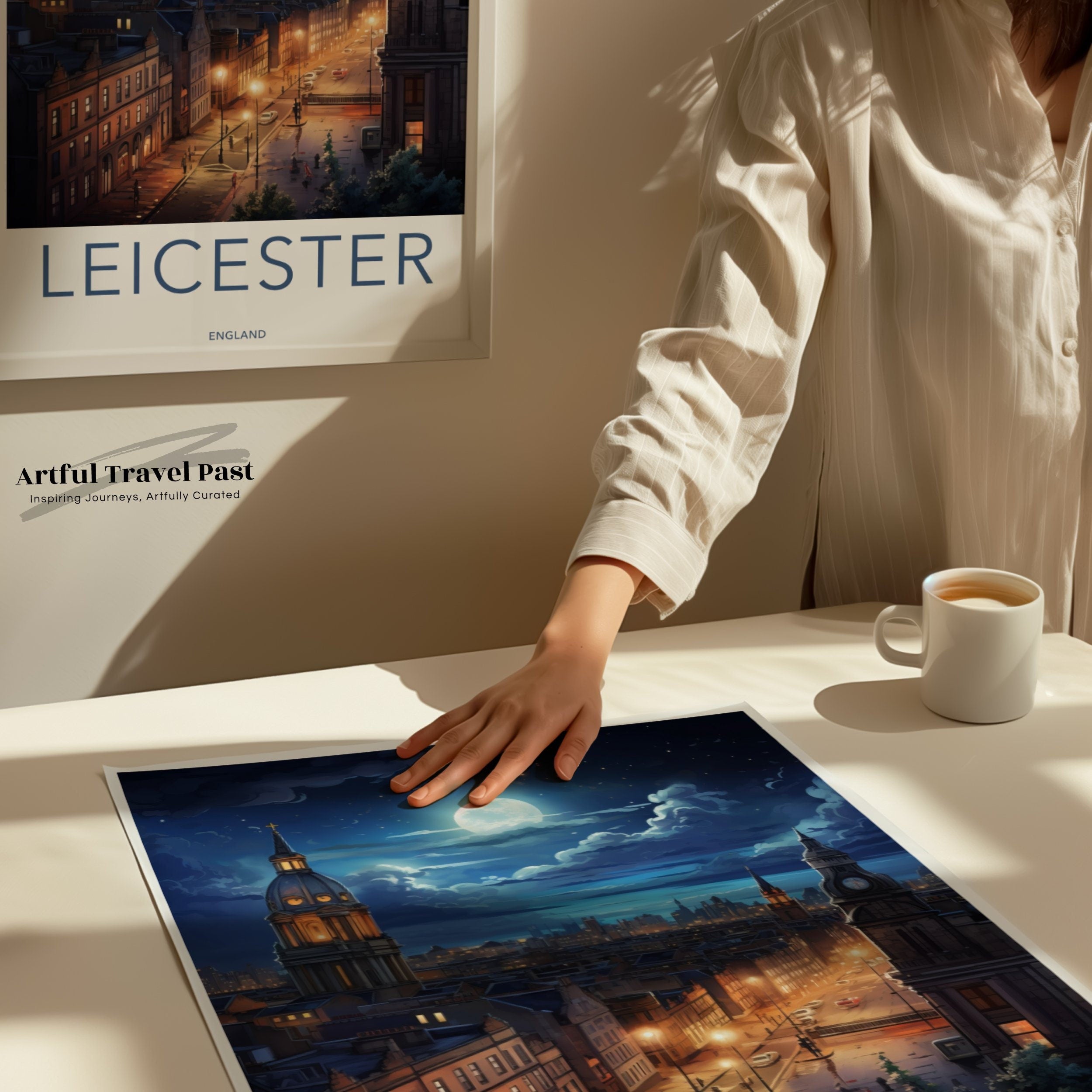 Leicester Wall Art, Leicester Skyline Poster, Cityscape Night View Print, Moonlit Architecture Portrait, Urban Landscape Decor