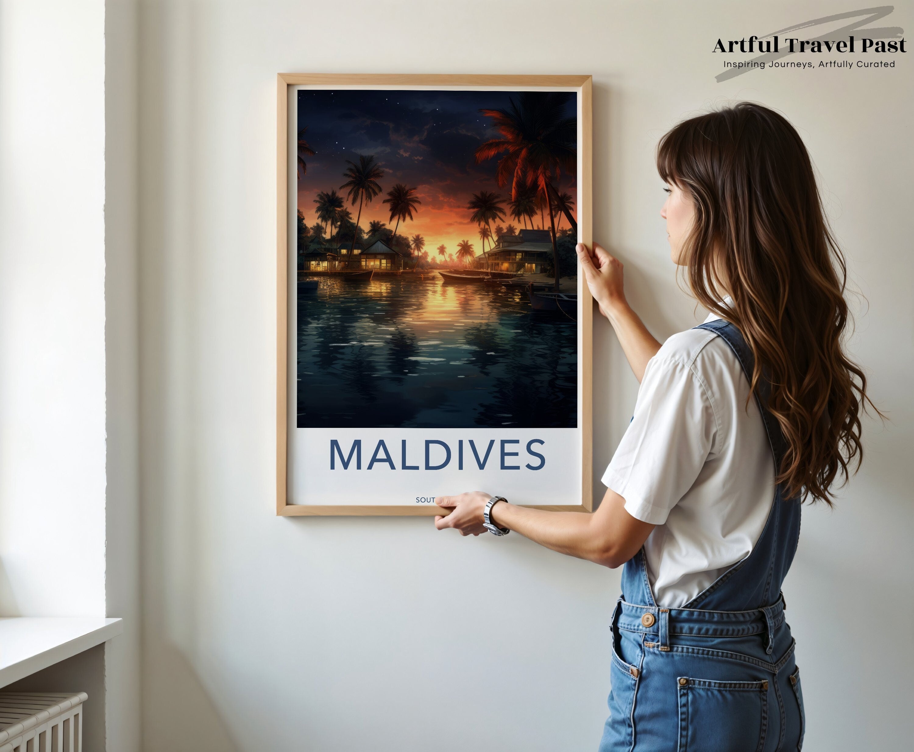 Maldives Sunset Seascape Wall Art, Tropical Island Decor, Coastal Nighttime Scene, Beautiful Ocean View, Serene Beach Evening Artwork