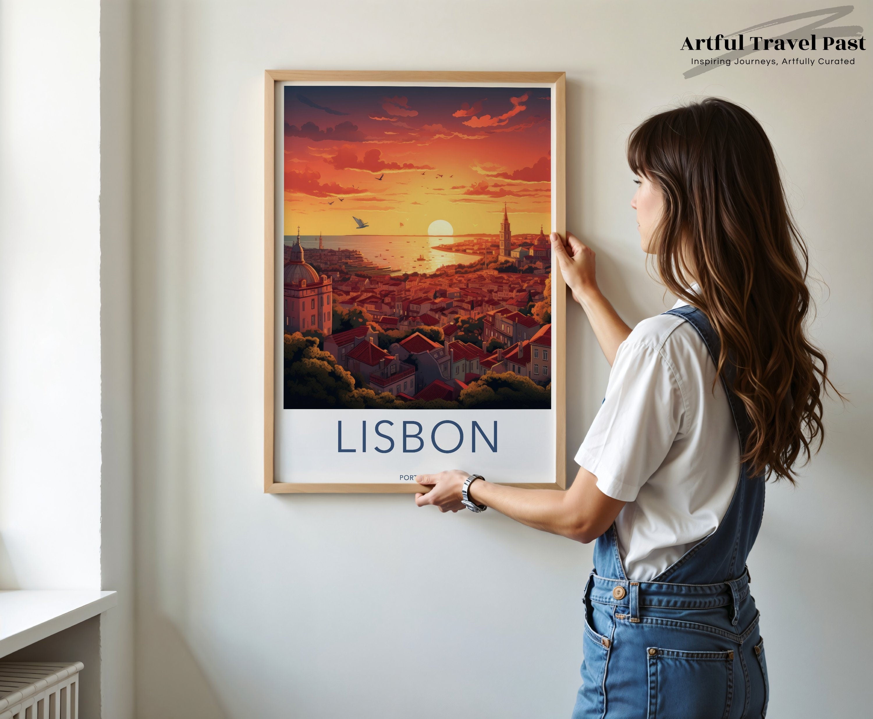 Lisbon Wall Art, Portugal Sunset Poster, Cityscape Print, Travel Decor, Vibrant Sunset Artwork, Europe Landmark Artwork, City View Painting