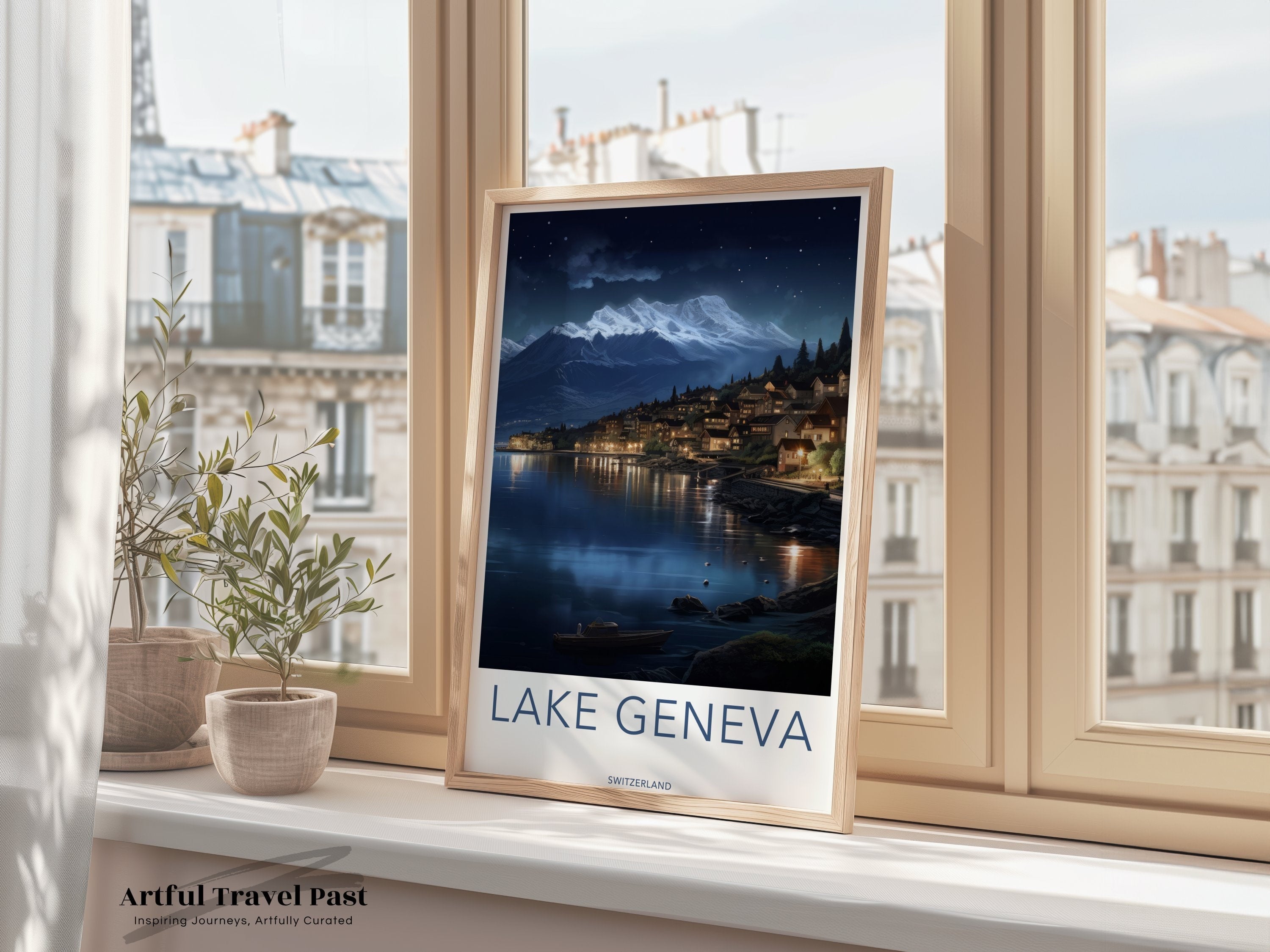 Lake Geneva Wall Art, Switzerland Night View, Serene Lake Scene, Mountain Landscape, Tranquil Village, Scenic Art Print