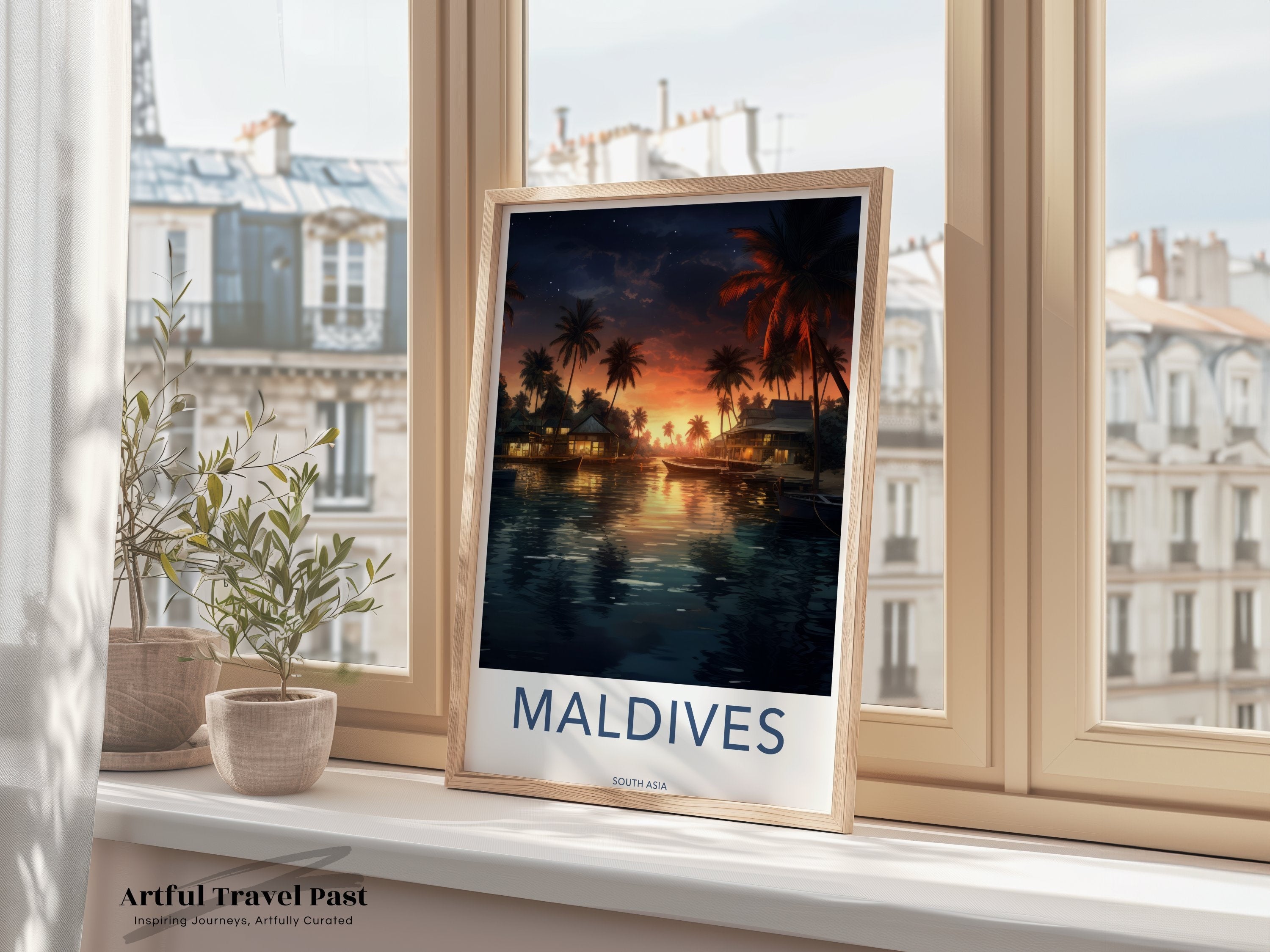 Maldives Sunset Seascape Wall Art, Tropical Island Decor, Coastal Nighttime Scene, Beautiful Ocean View, Serene Beach Evening Artwork