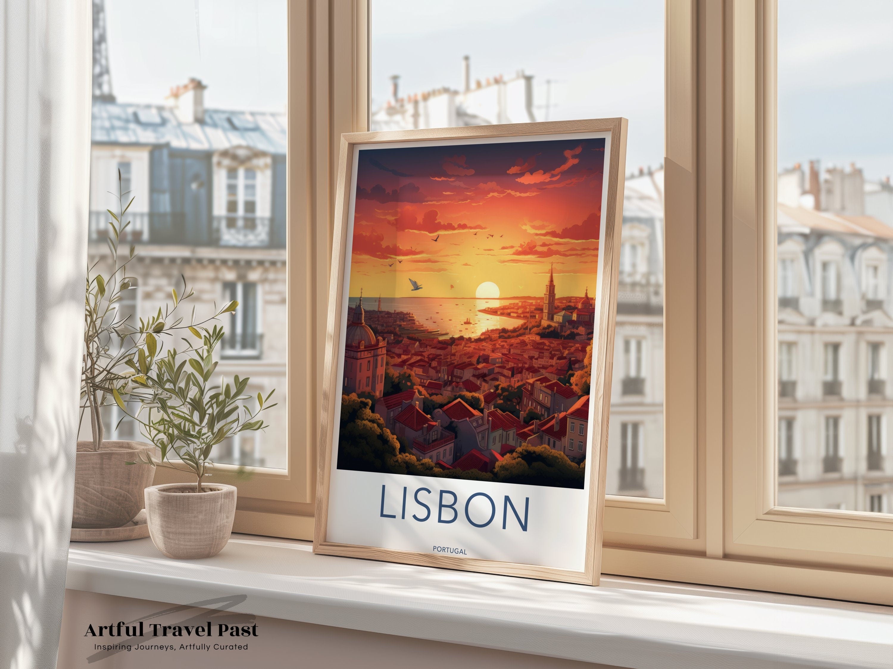 Lisbon Wall Art, Portugal Sunset Poster, Cityscape Print, Travel Decor, Vibrant Sunset Artwork, Europe Landmark Artwork, City View Painting