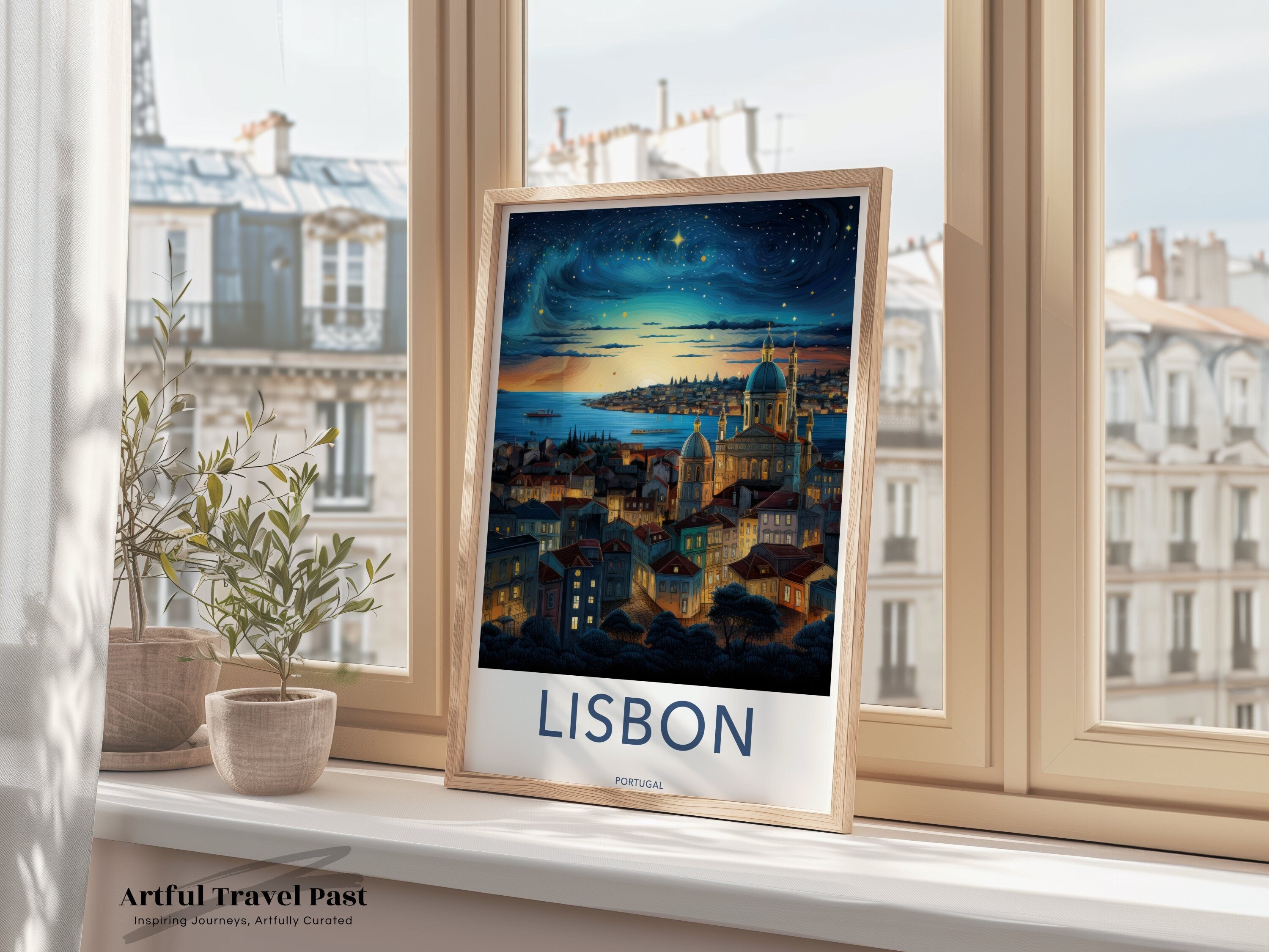 Lisbon Portugal Wall Art, Night Cityscape Poster, Starry Sky Print, Travel Decor, Europe Landscape Artwork, Home Office Wall Decor