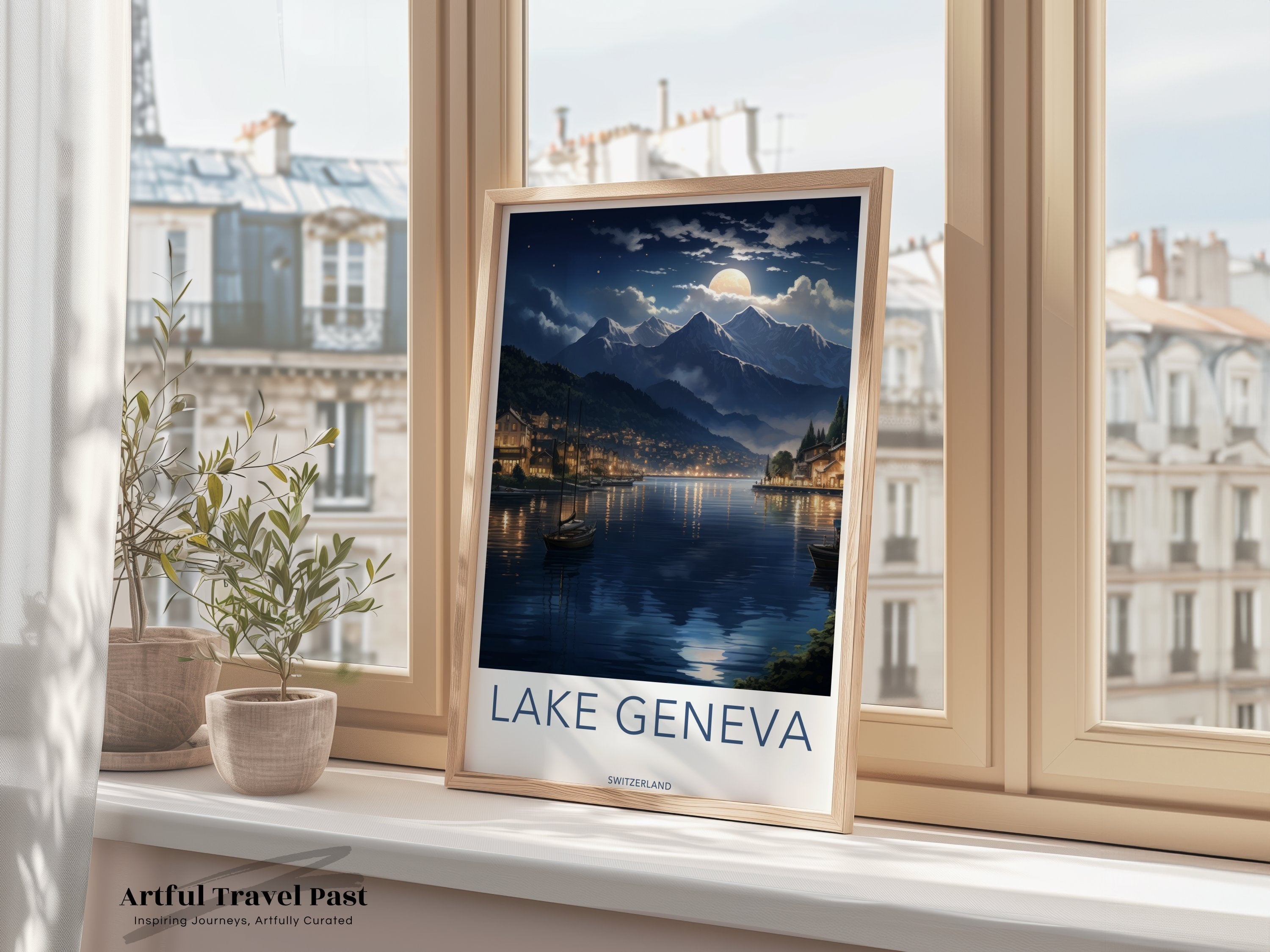 Lake Geneva Switzerland Wall Art, Moonlit Landscape Poster, Scenic Water View Print, Alpine Mountain Decor, Night Sky Artwork