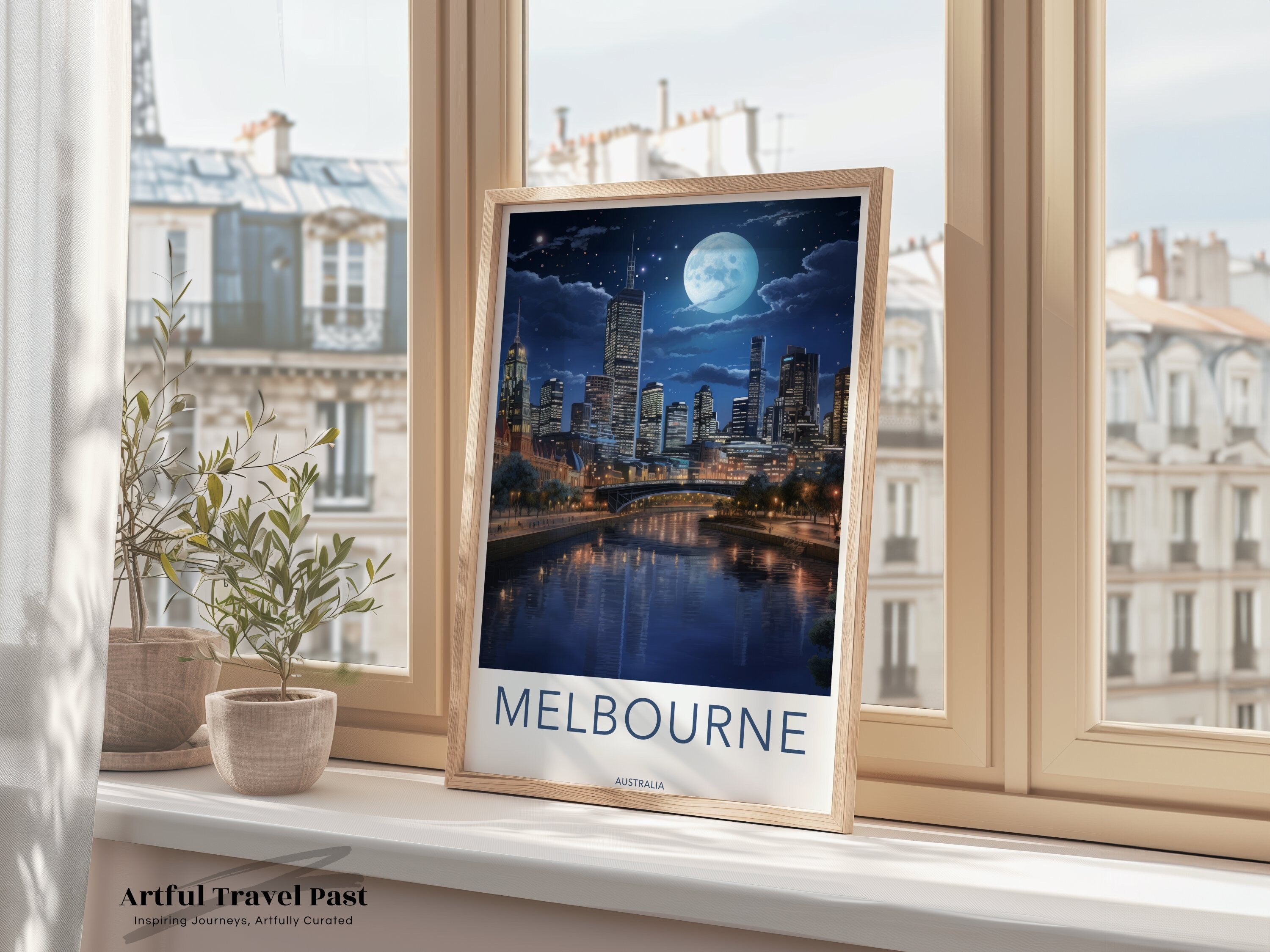 Melbourne skyline wall art, moonlit cityscape, night view of city, Australian landmark, landscape poster, architecture print