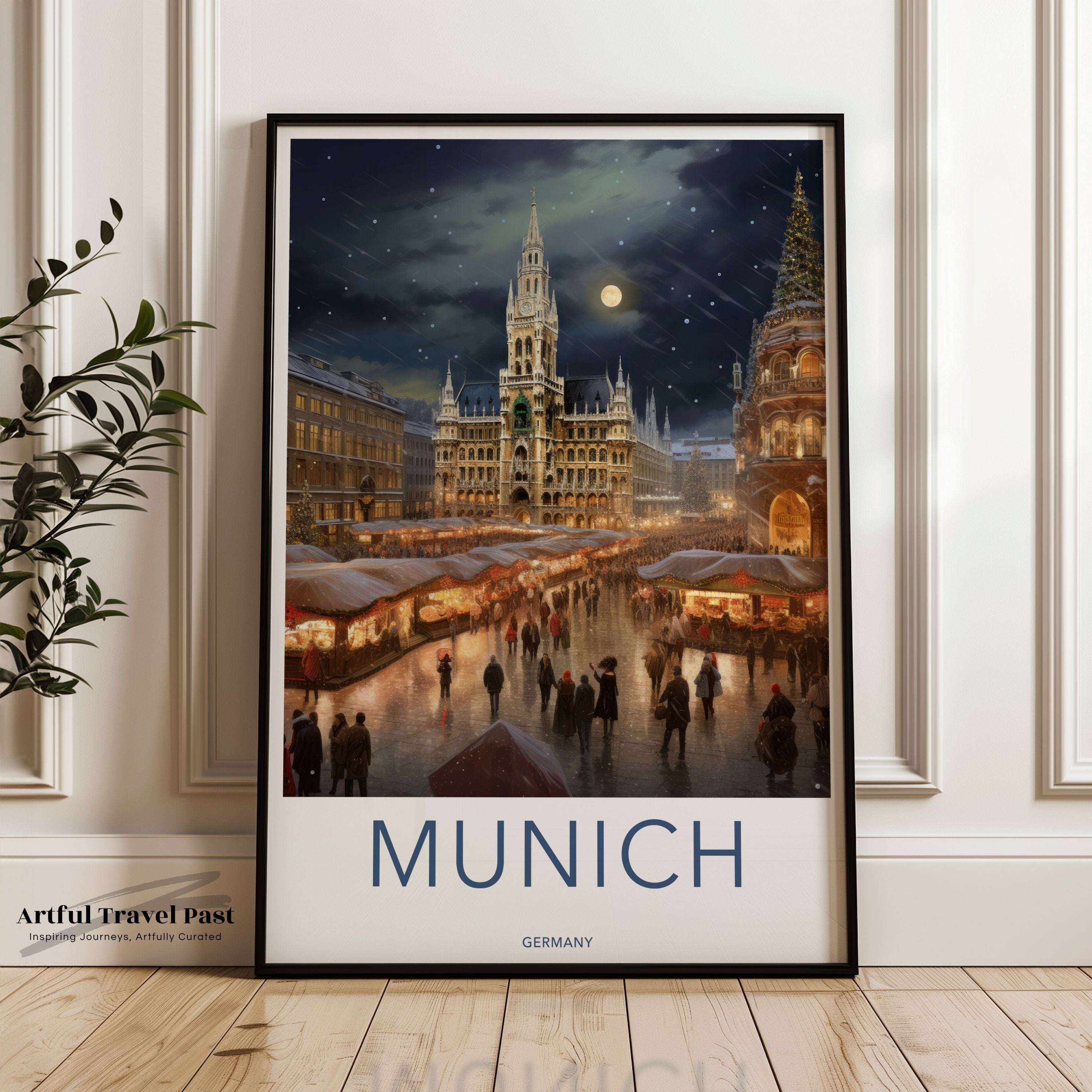 Munich Wall Art Print, Evening Christmas Market Scene, Gothic Architecture Canvas, Holiday Decor, Cityscape Painting, Germany Art