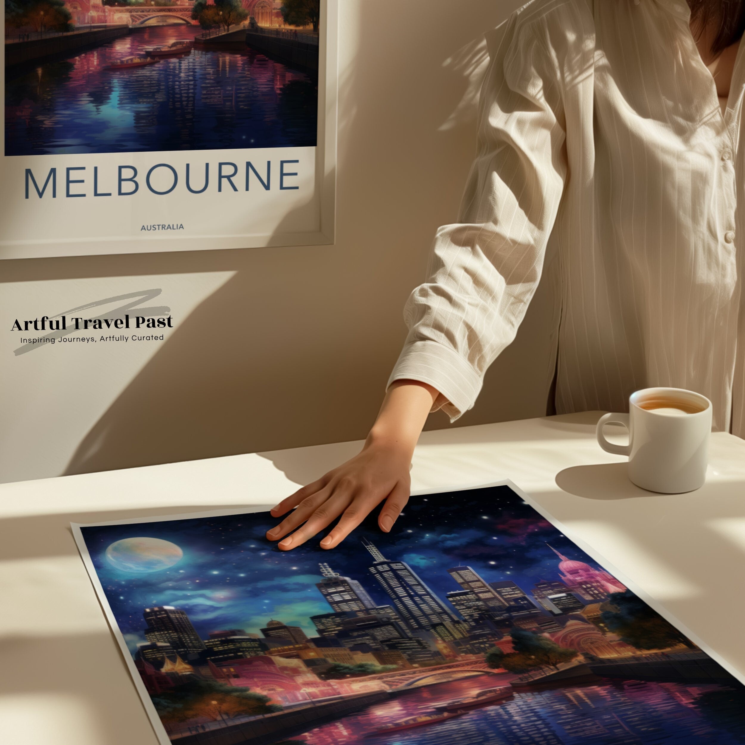 Melbourne Cityscape, Night Sky Wall Art, Moonlit Melbourne Print, Urban Skyline, Vibrant City Wall Decor, Artistic Melbourne Poster