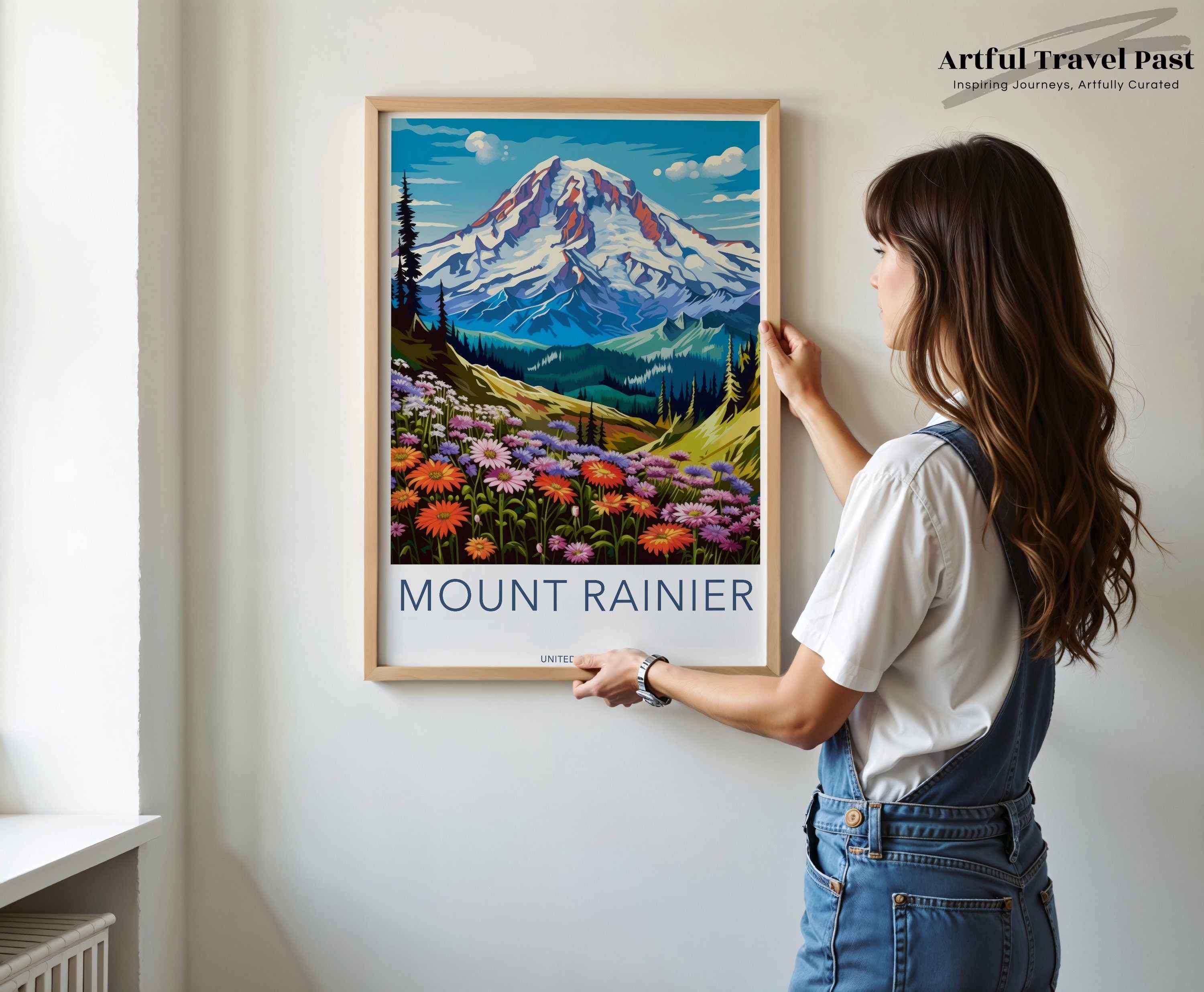 Mount Rainier wall art, vibrant nature poster, floral mountain print, scenic landscape decor, USA travel inspiration, panoramic view