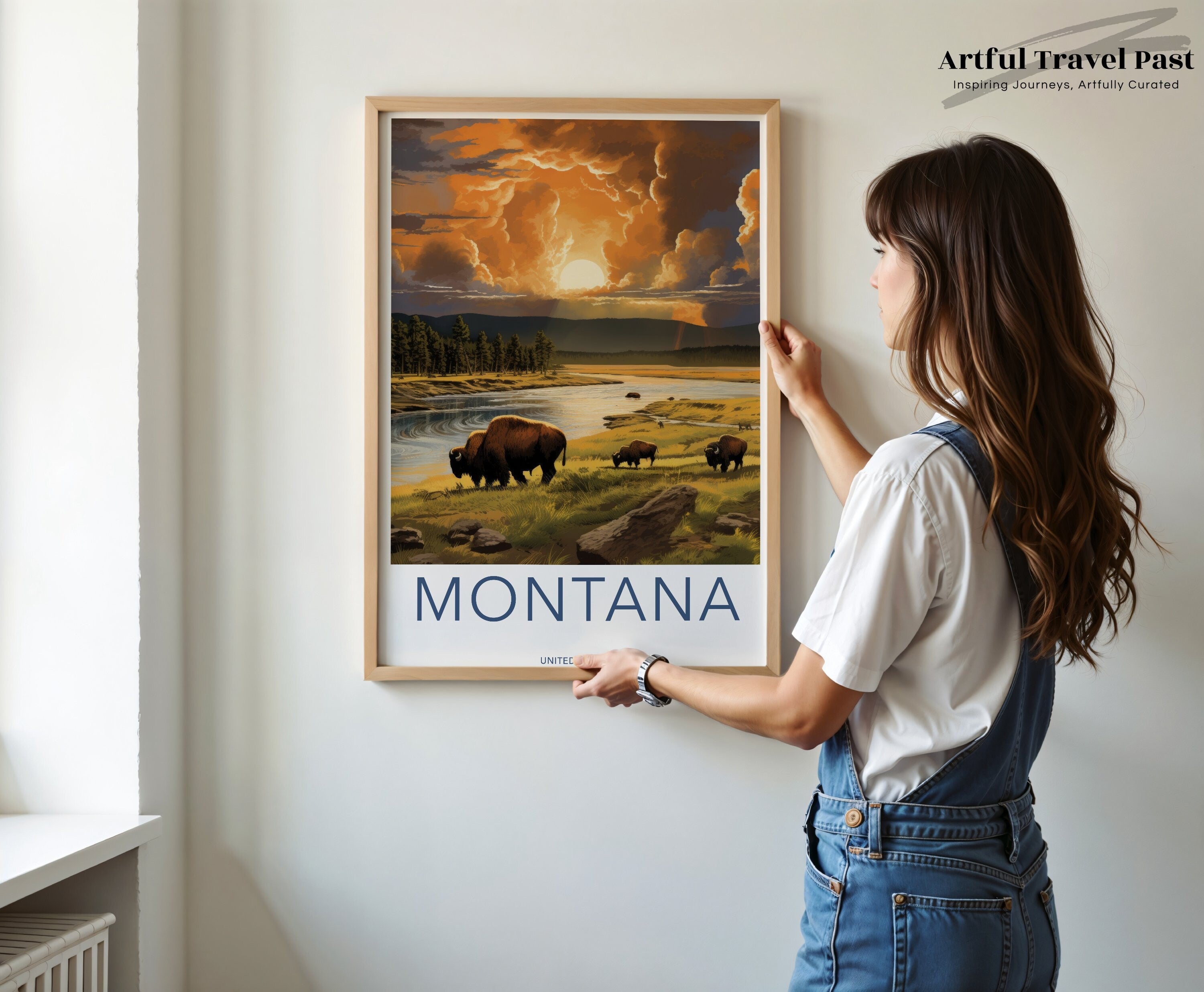 Montana Wall Art, Vintage Travel Poster, Bison Herd Landscape, Stormy Sunset, Rustic Home Decor, National Park Print, Nature Lovers Gift