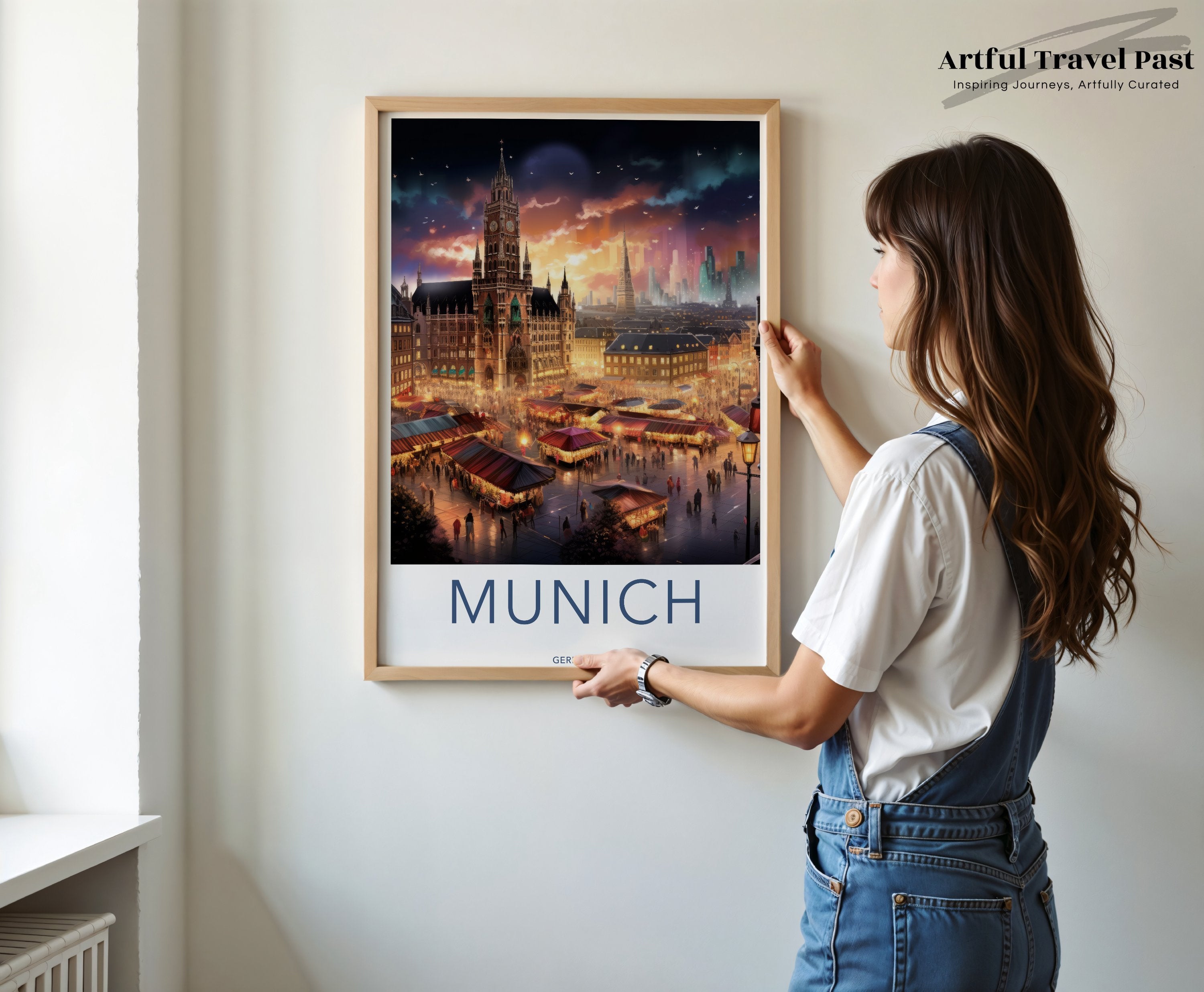 Munich Cityscape Wall Art, Historical Munich Architecture, Colorful Night Market Landscape, German Cultural Landmark, City Decor