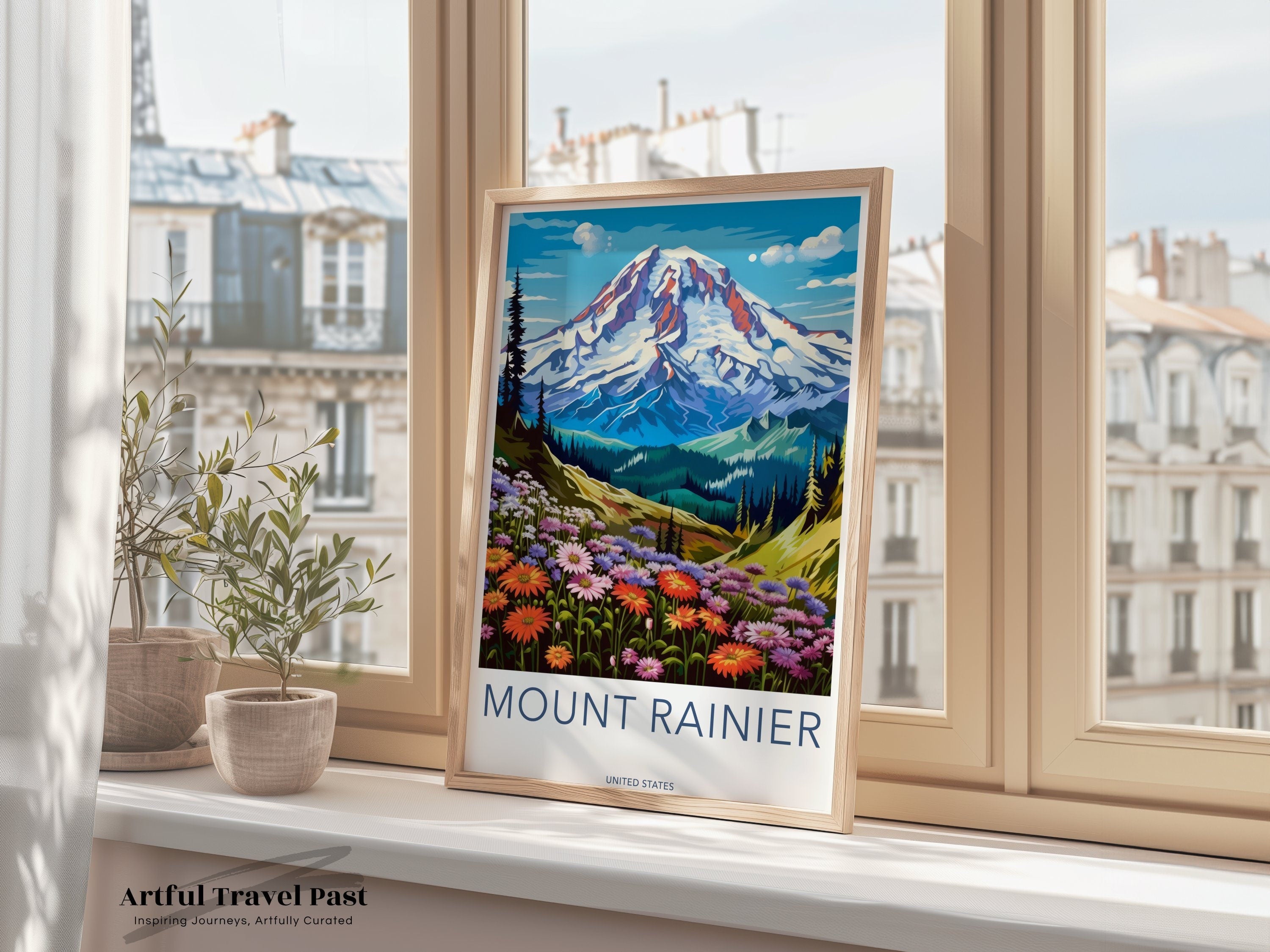 Mount Rainier wall art, vibrant nature poster, floral mountain print, scenic landscape decor, USA travel inspiration, panoramic view